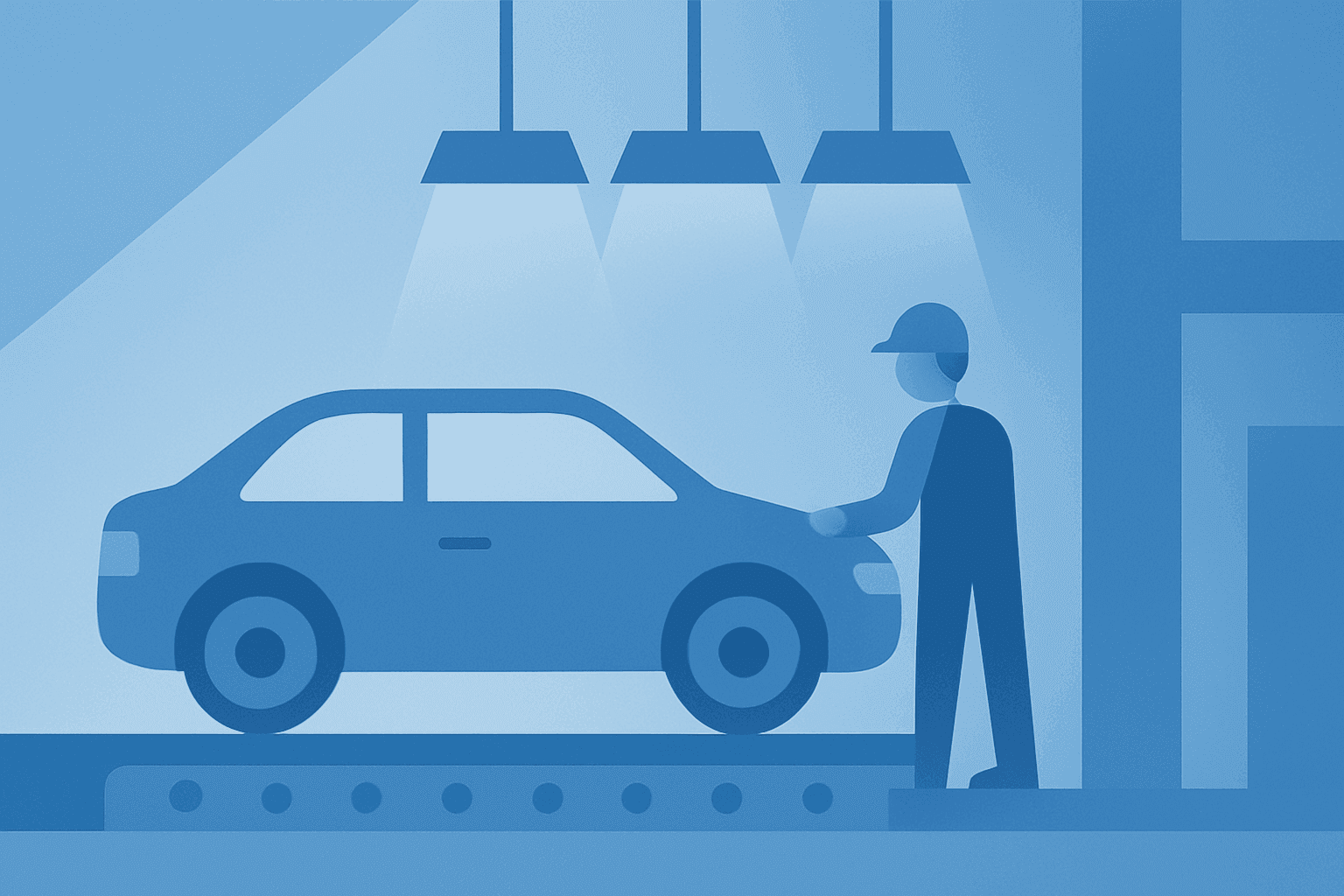 Flat vector cover showing a stylized car factory with dimming lights to reflect Volkswagen job cuts and plant closures.