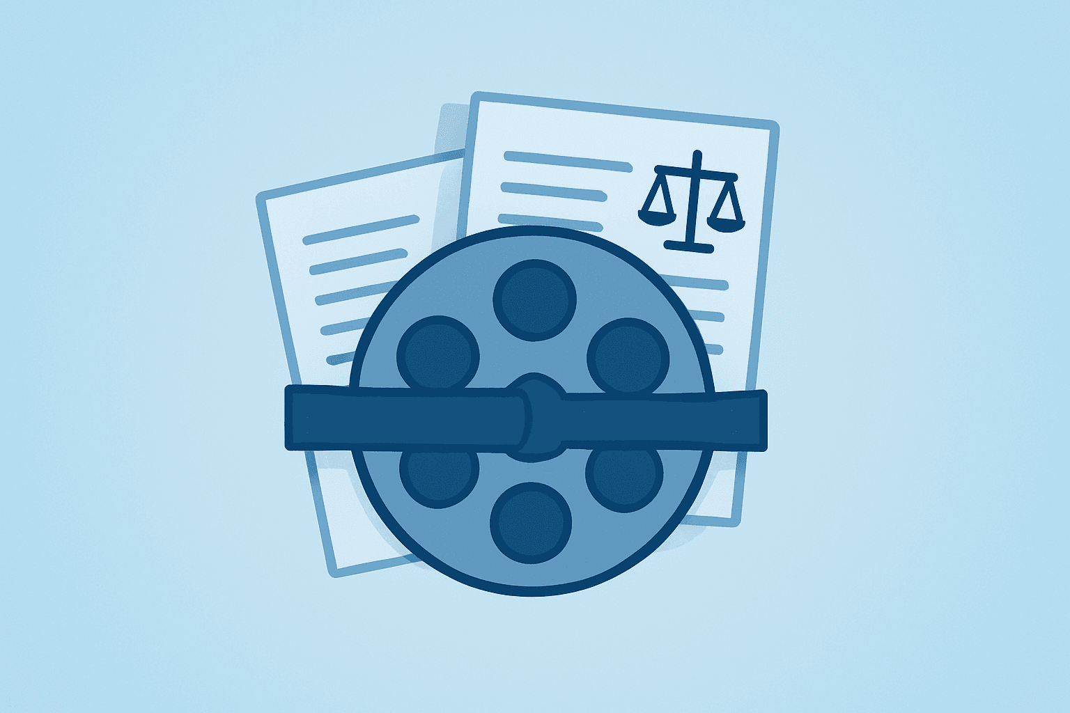 Flat vector of a studio reel fused with a cash block for the Netflix all-cash bid amid Paramount legal and proxy fight.