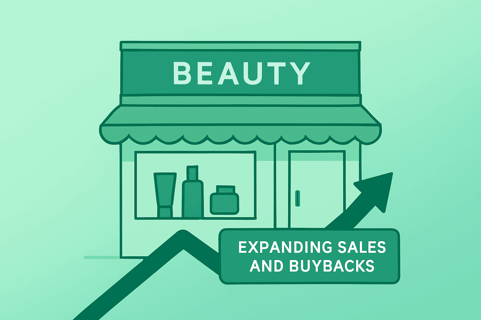 Flat filled vector of a retail store module expanding to suggest Ulta Beauty earnings and raised buybacks.