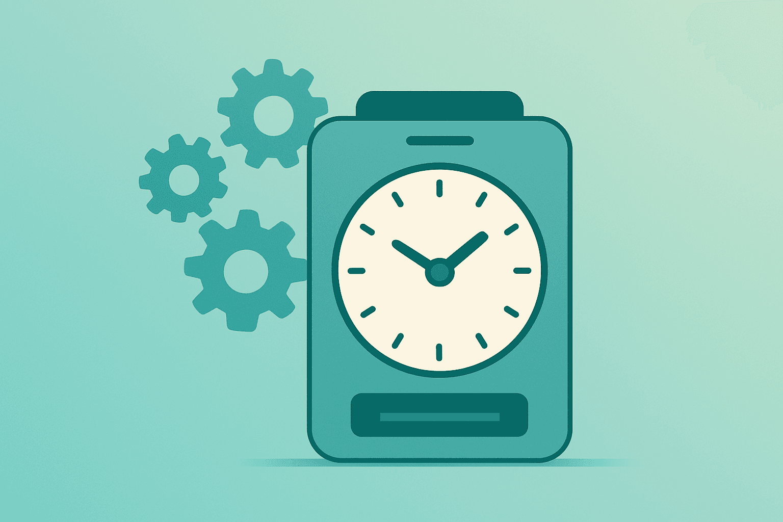 Centered flat vector of a punch clock stalling to represent the ADP jobs report and a hiring slowdown on a cobalt-silver gradient.