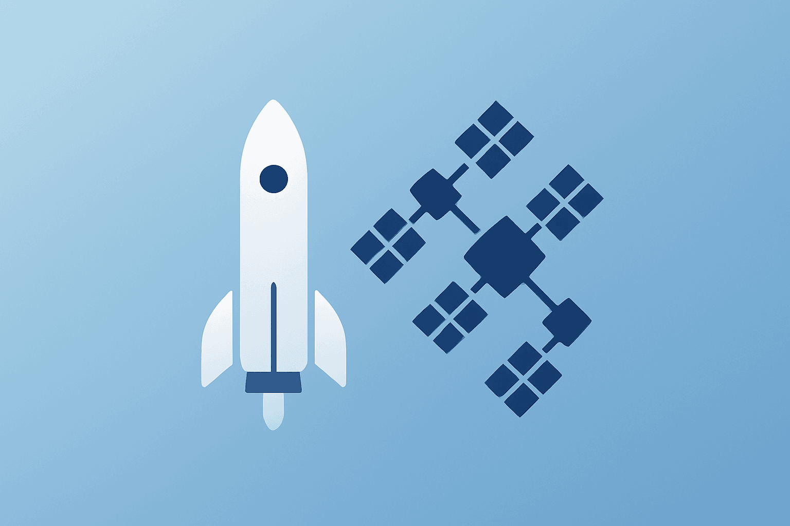 Flat vector of a launch vehicle expanding mission manifest with a satellite cluster and shadow lift, Rocket Lab stock.