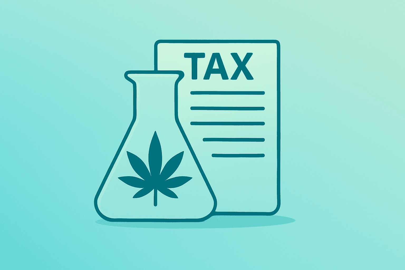 Flat vector of a medical lab beaker fused with a tax ledger to symbolize marijuana rescheduling and research and tax relief.