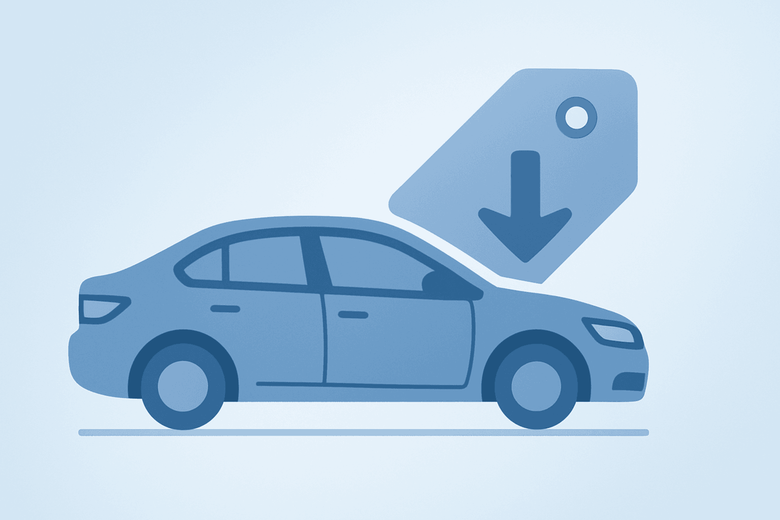 Flat vector of a single sedan silhouette in dimming market light conveying CarMax Q1 earnings margin squeeze and strategic shift.