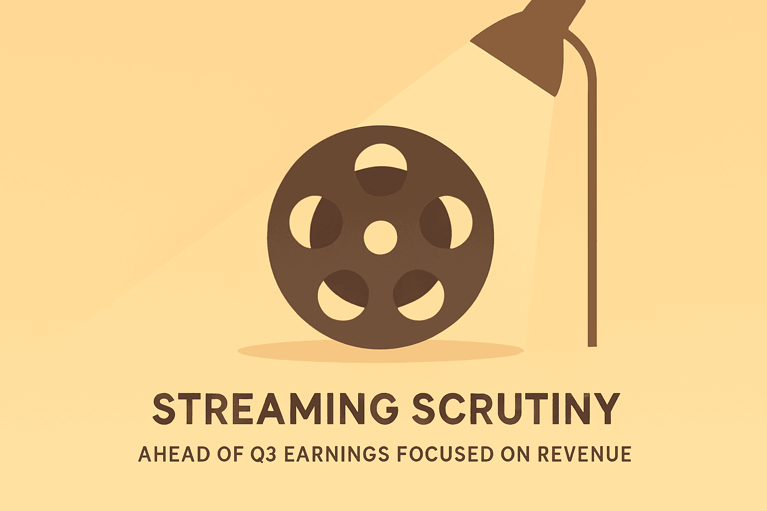 Flat-vector film reel with dimming spotlight to symbolize scrutiny ahead of Netflix Q3 2026 earnings and margin focus.