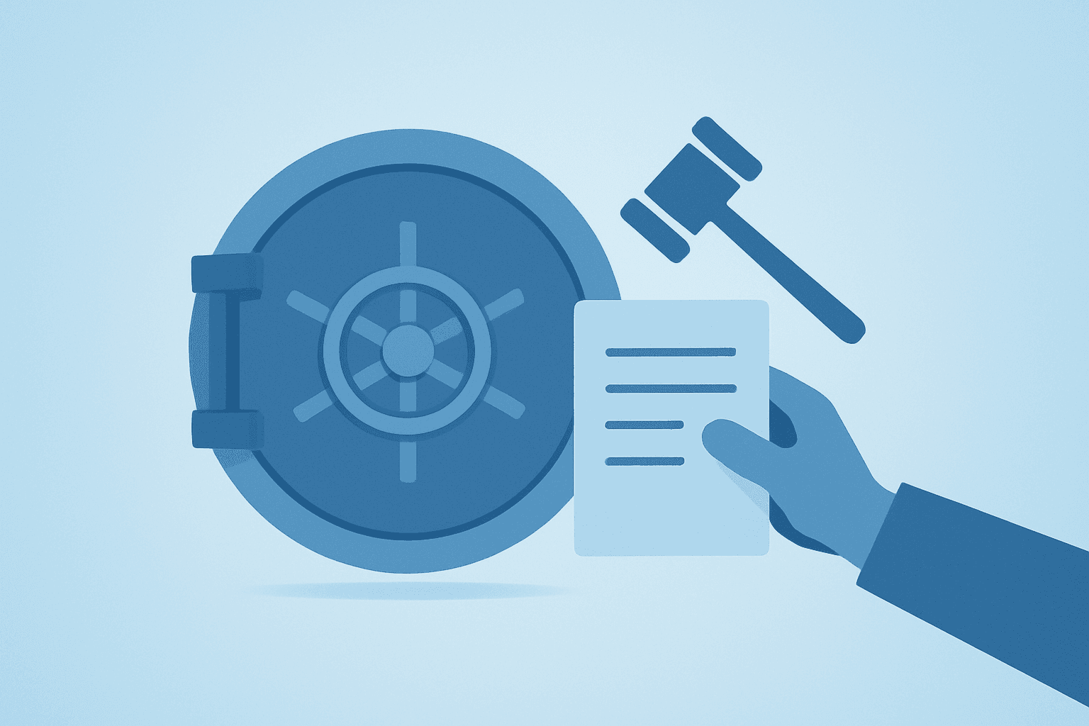 Flat filled vector of a bank vault under legal strain representing SoFi short report and CEO purchase with shadow lift
