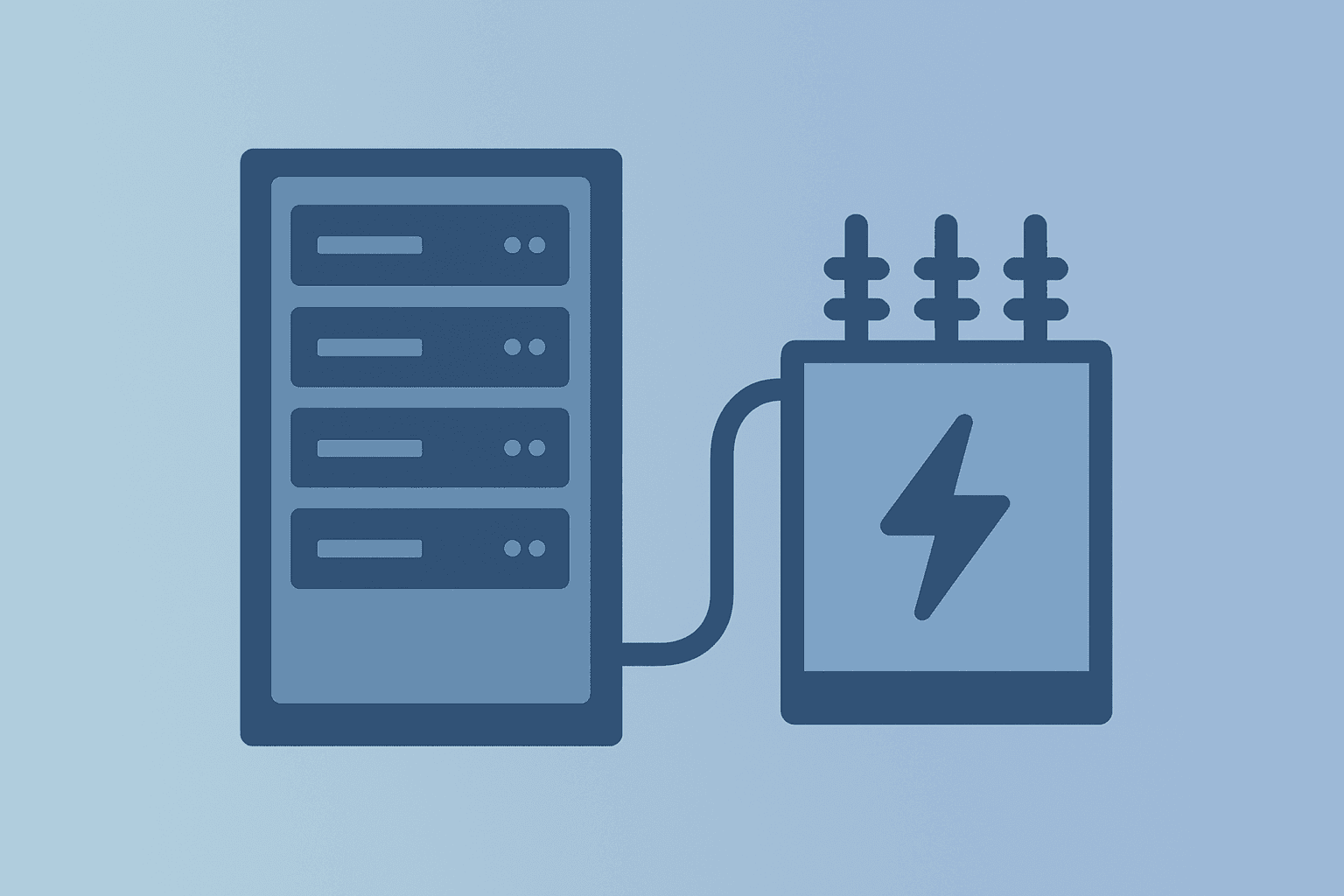 Flat vector server merging with power transformer symbolizing the Hut 8 AI data center deal and the power-first pivot.