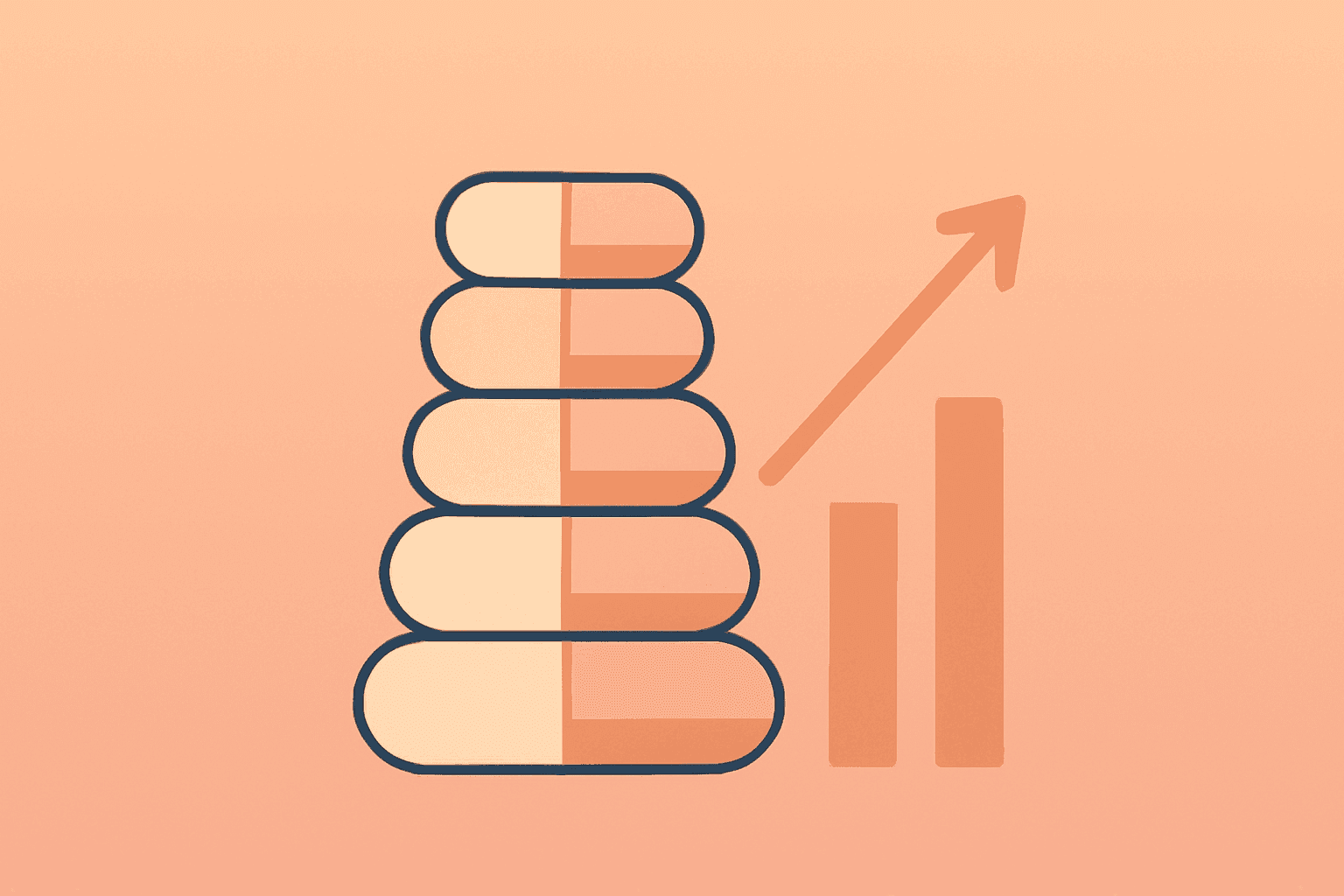 Flat filled vector of stacked capsules expanding outward to symbolize GLP-1 unit volume growth and Eli Lilly Q1 earnings beat.