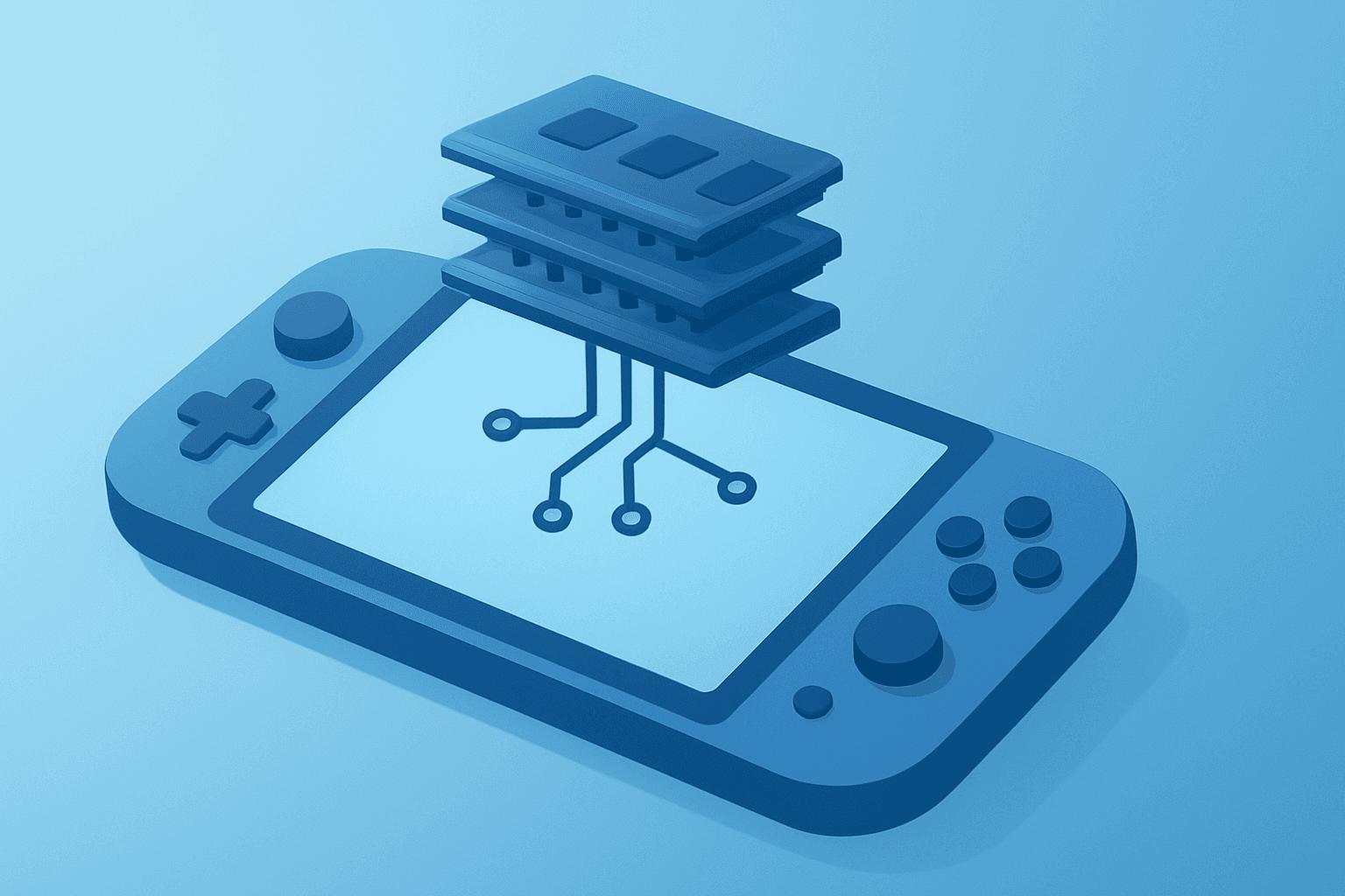 Flat vector of a game console and expanding circuit symbolizing Switch Two sales strength and Nintendo earnings.