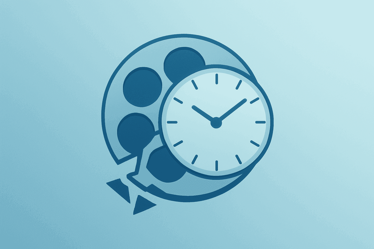 Flat filled vector of a fractured film reel with a clock, symbolizing Paramount pauses Warner Bros. deal and ticking fees.