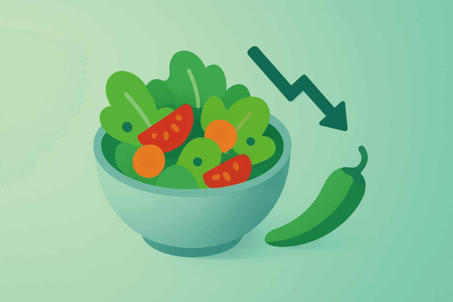 Flat vector salad bowl with muted jalapeno accent on a smooth gradient, evoking Sweetgreen cuts outlook after cyclospora.