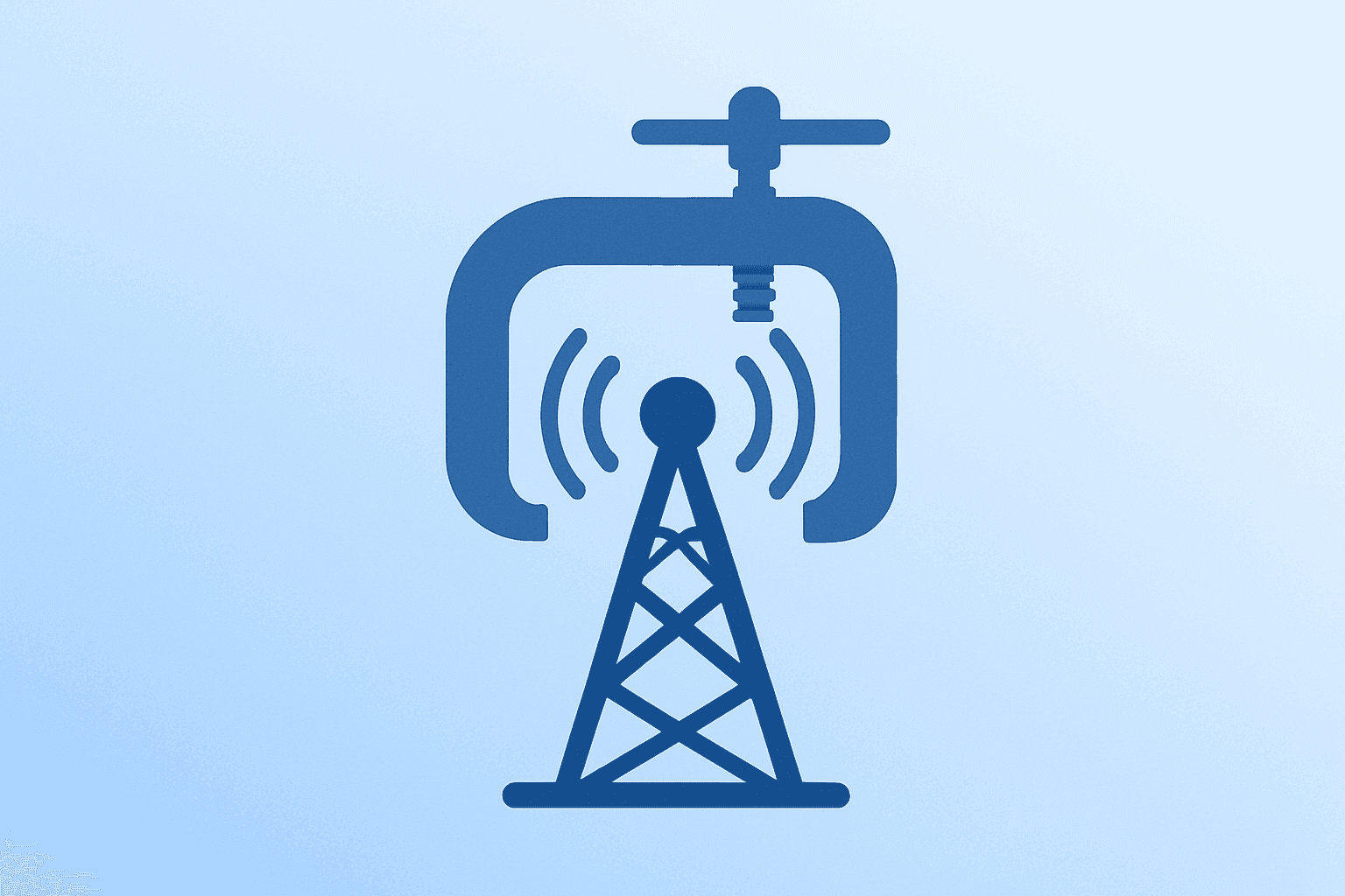 Flat filled vector of a broadcast transmitter under a regulatory clamp evoking Disney FCC License Review scrutiny.