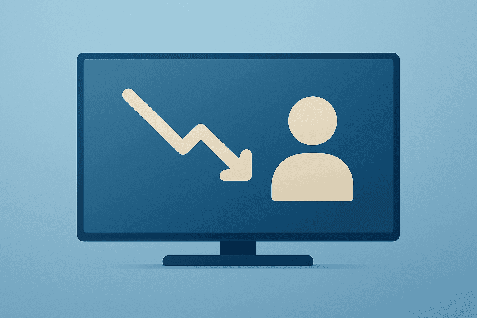 Centered flat-vector smart TV panel with dimming glow symbolizing Netflix earnings, weak guidance and a leadership exit.