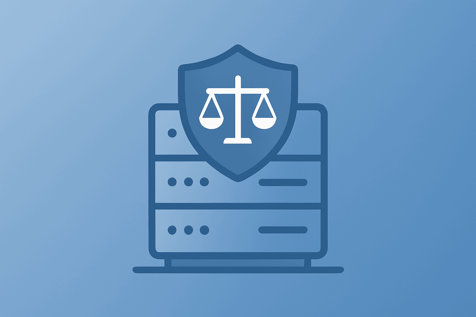 Flat vector of a server rack with a legal shield on a cobalt-silver gradient, evoking DOJ backs OpenAI intervention.