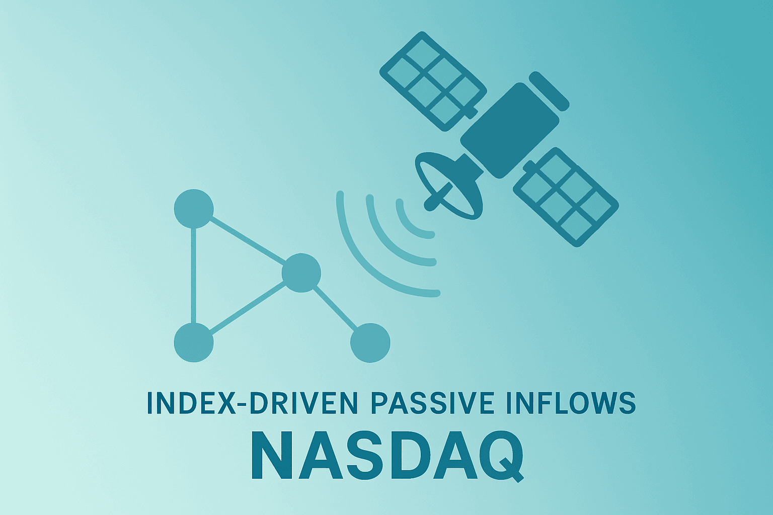 Flat vector of a satellite constellation attracting nodes to symbolize SpaceX Nasdaq-100 inclusion and passive inflows.