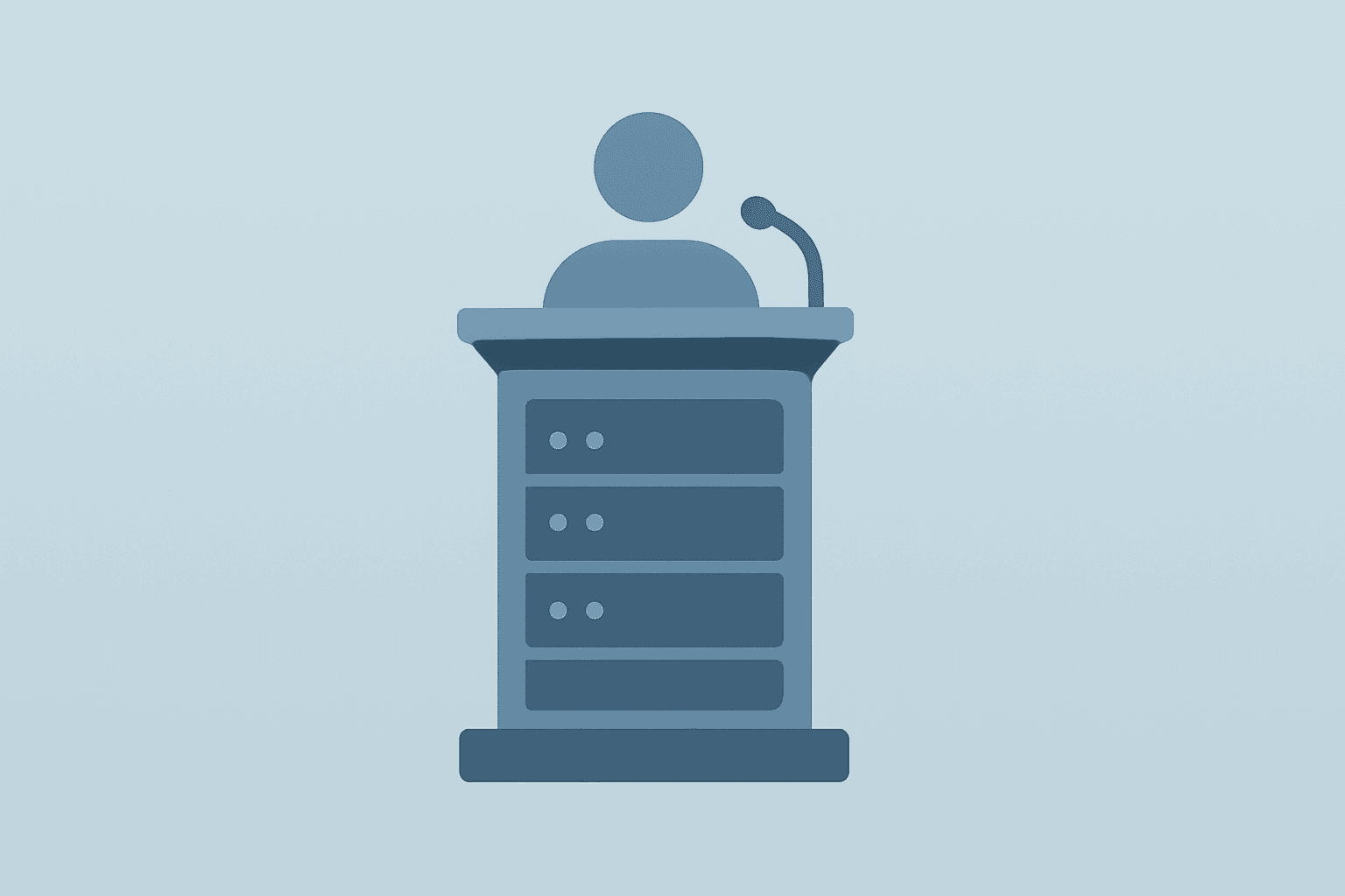 Flat vector of a server vault merging with a podium to symbolize Dropbox CEO Drew Houston succession and product continuity.