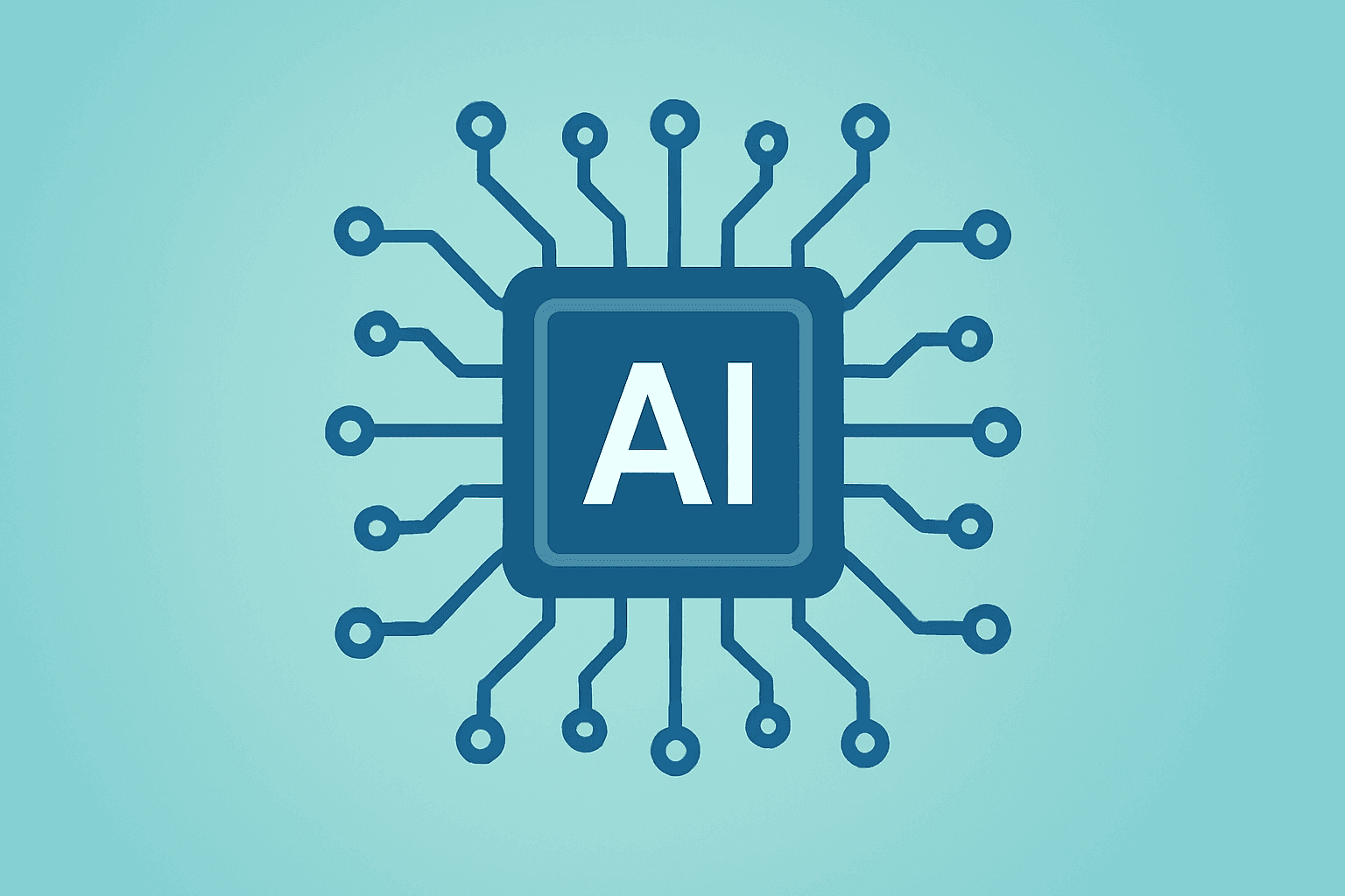 Flat vector of an AI accelerator chip with expanding circuit motif to symbolize AMD stock revaluation and pricing signals.