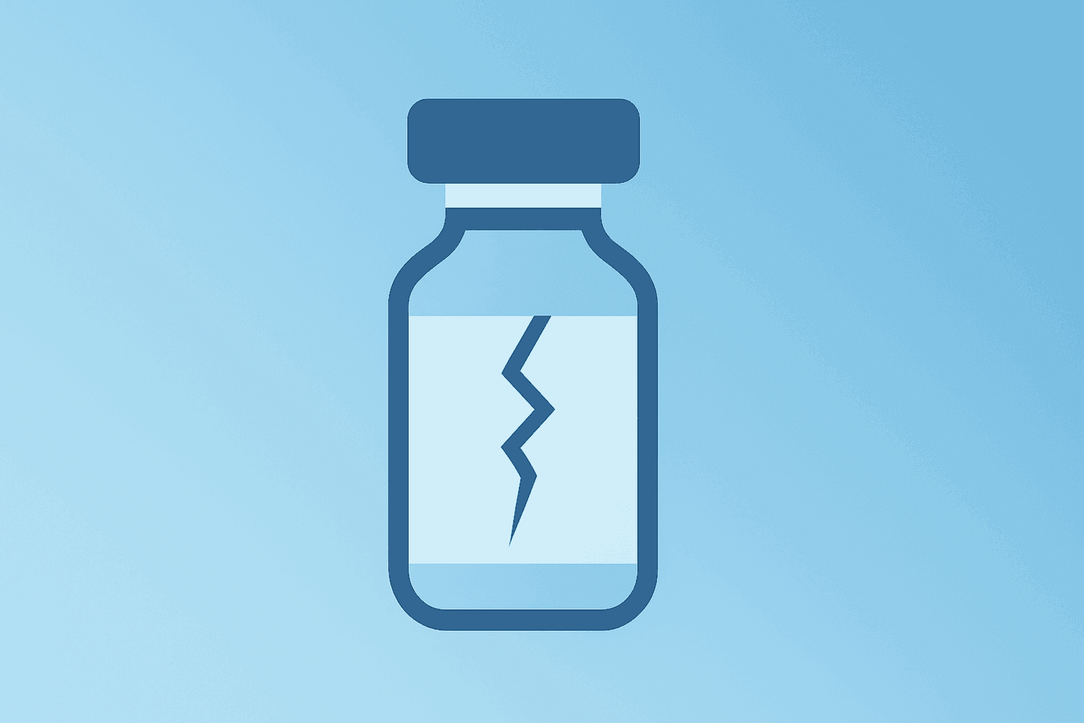 Flat vector of a medicine vial with a hairline fracture, representing AstraZeneca earnings beat and pipeline risk.