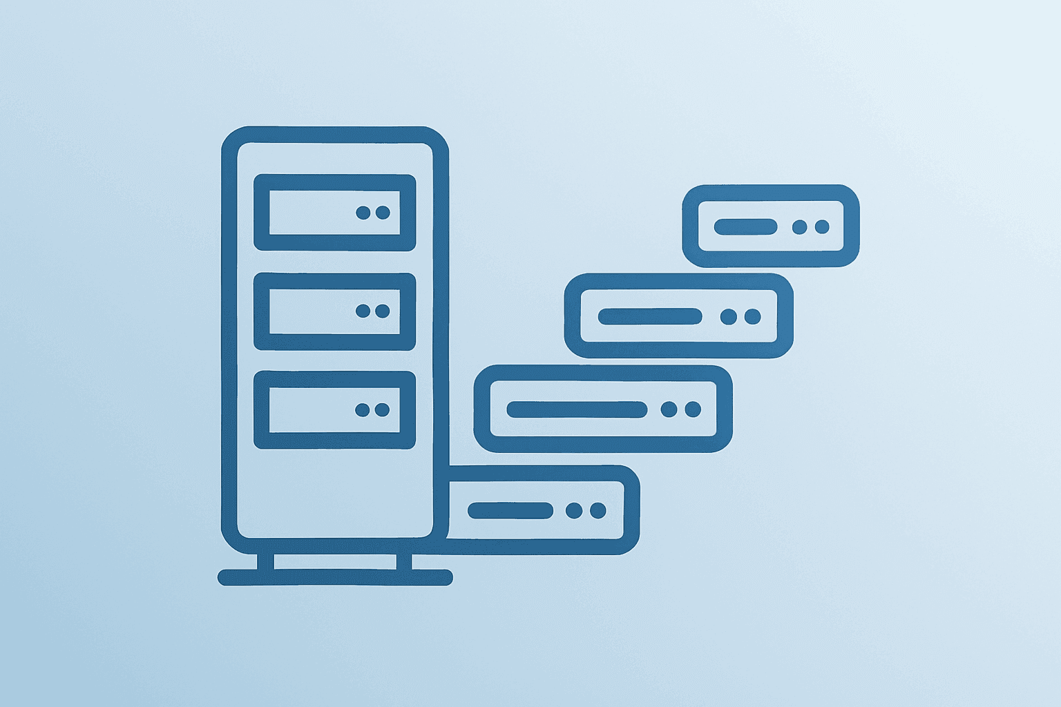 Flat vector of a server rack expanding into modules on a cobalt-silver gradient to symbolize the CoreWeave Meta deal.