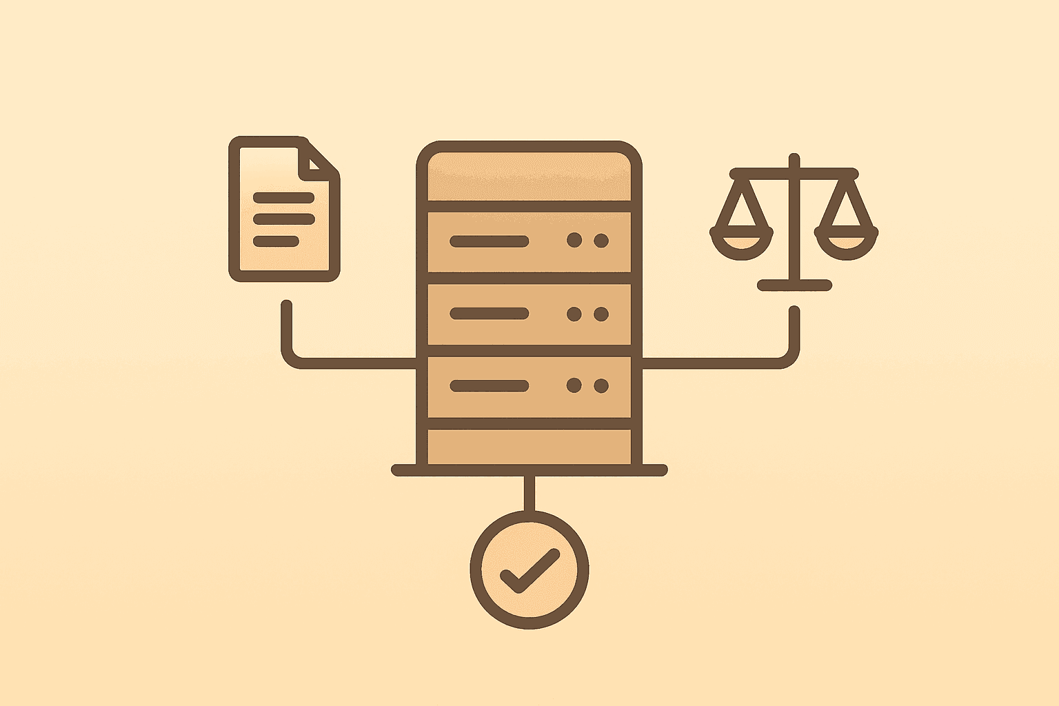 Flat vector of a legal server linking to firm workflow icons representing Anthropic Claude for Legal on a light gradient.