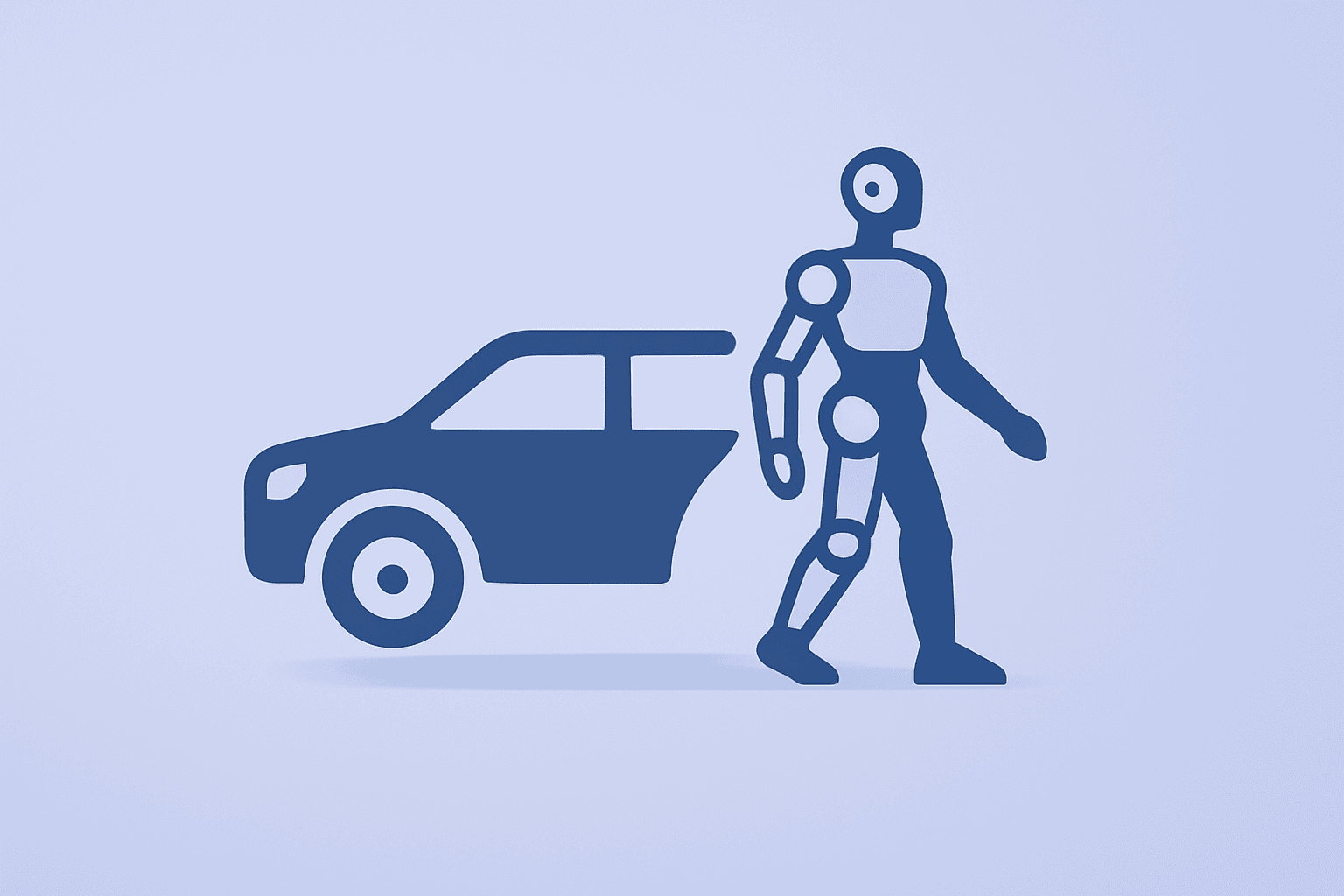 Minimal flat-vector factory car frame morphing into a humanoid robot to reflect Tesla xAI investment and factory retool.
