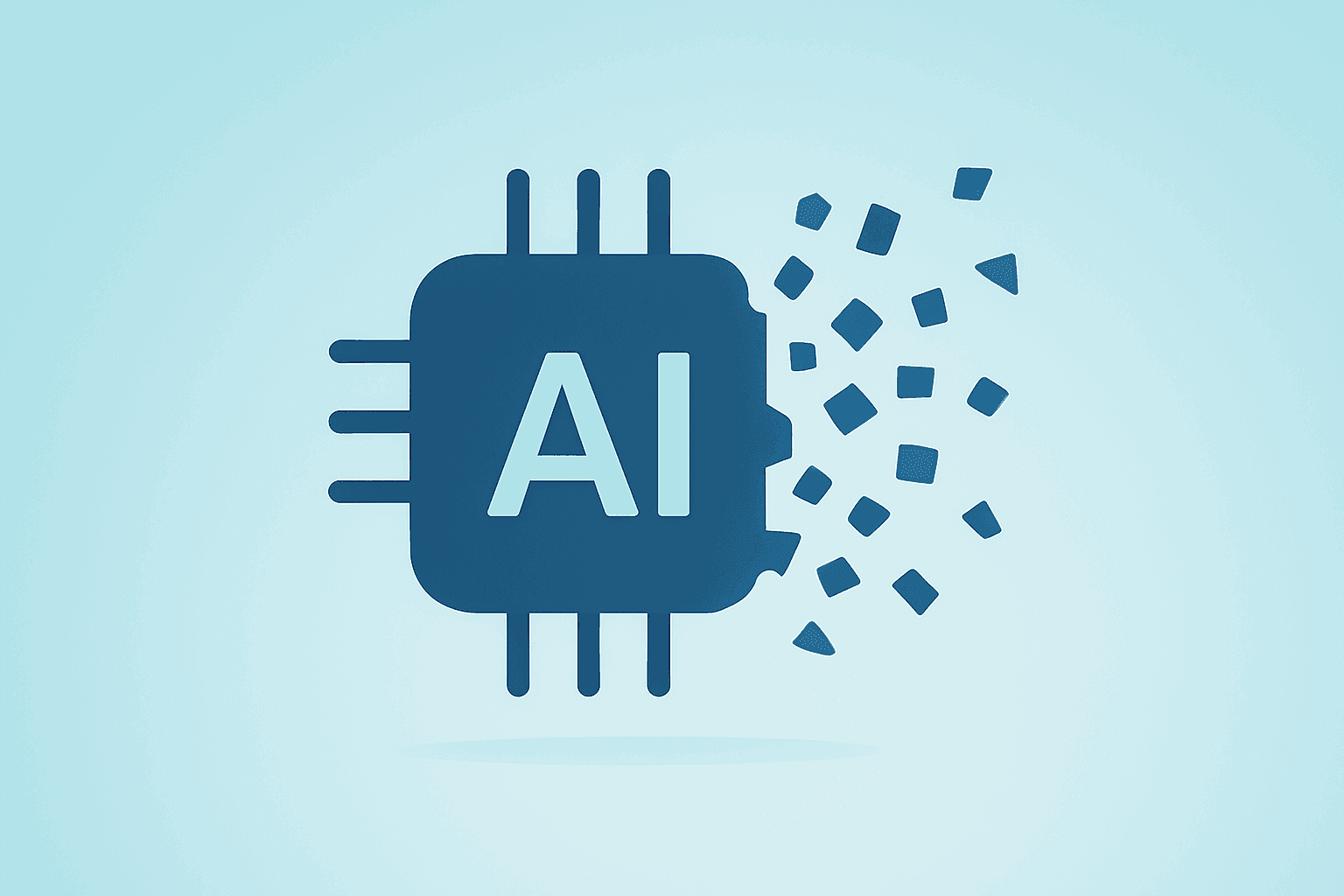 Flat filled vector of an AI chip shedding fragments to symbolize Broadcom insider selling and buy-the-dip tension.