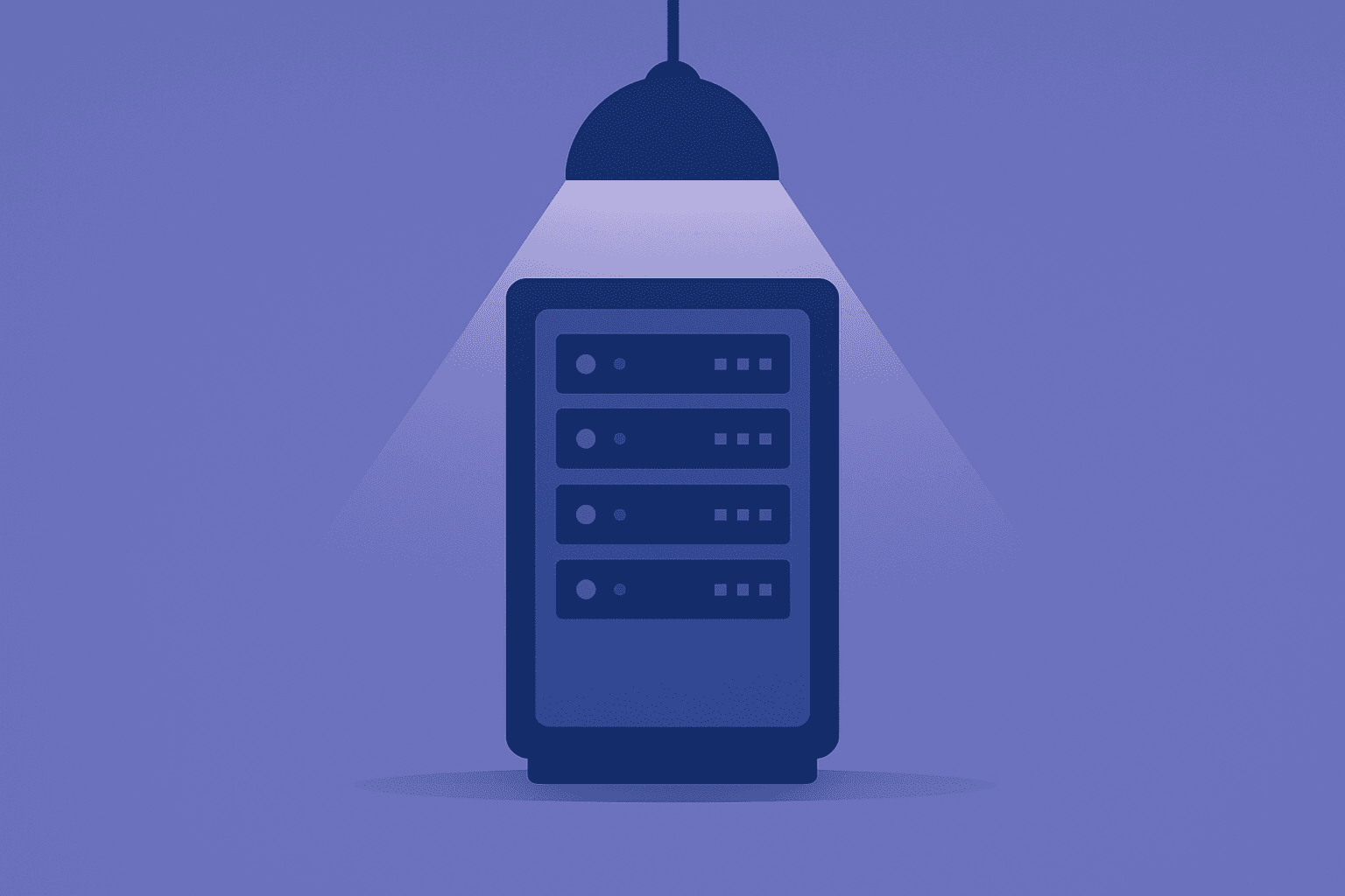 Flat vector server rack under dim light evoking Oracle Q2 earnings leverage risk and AI backlog with subtle shadow.