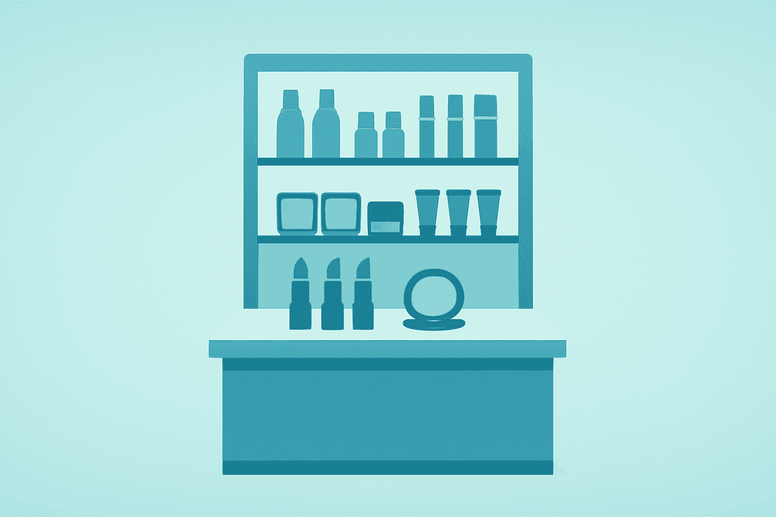 Flat vector of a beauty-product storefront contracting to show Estée Lauder earnings focus on margin recovery and job cuts.
