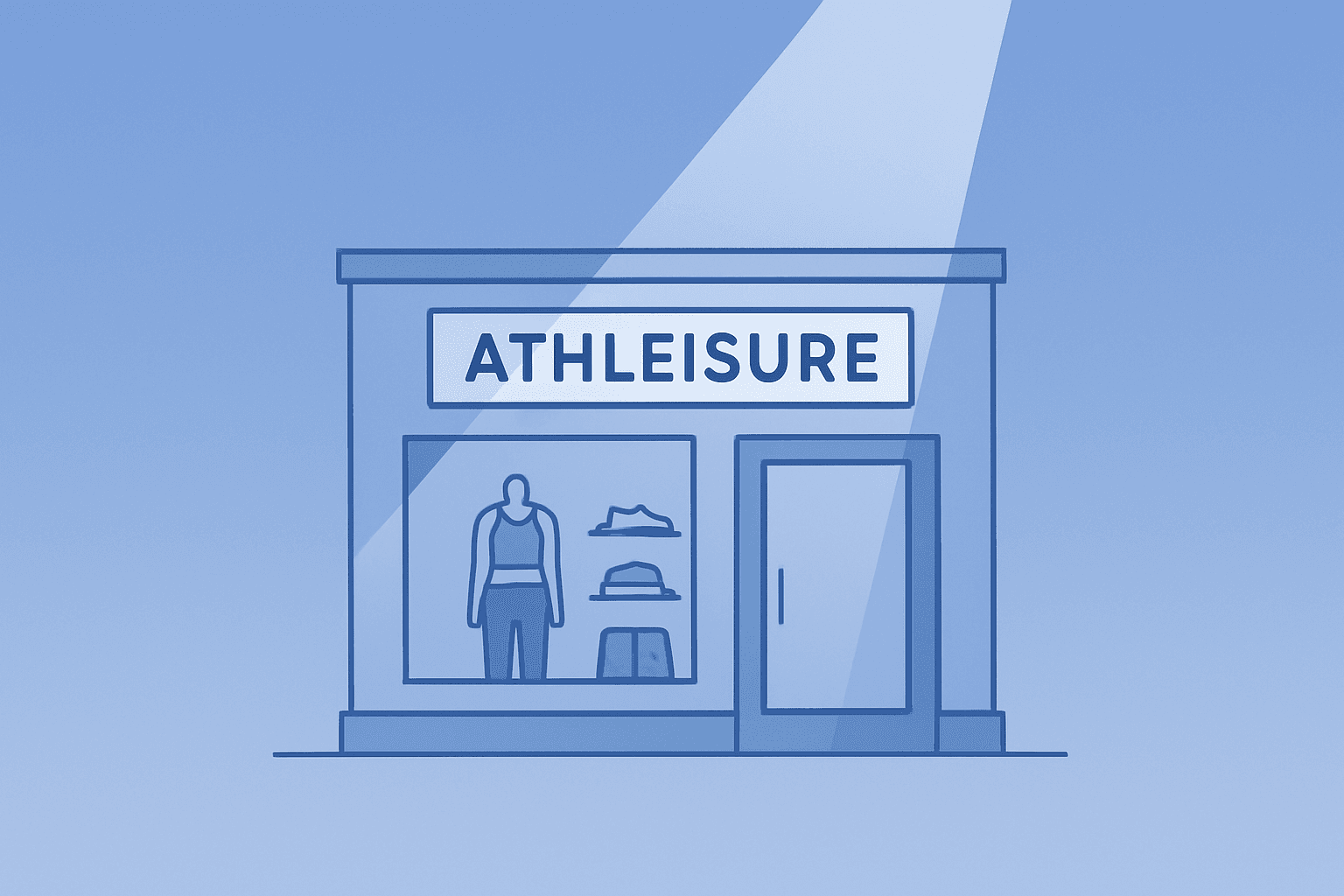 Flat vector of a retail storefront fused with a corporate badge, evoking Elliott stake Lululemon governance push.