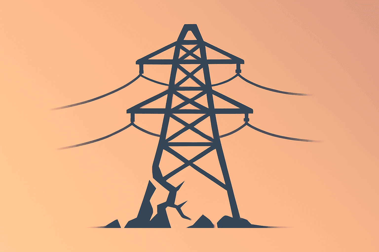 Flat vector illustration of a power pole with fractured insulator representing PG&E wildfire liability and fund strain