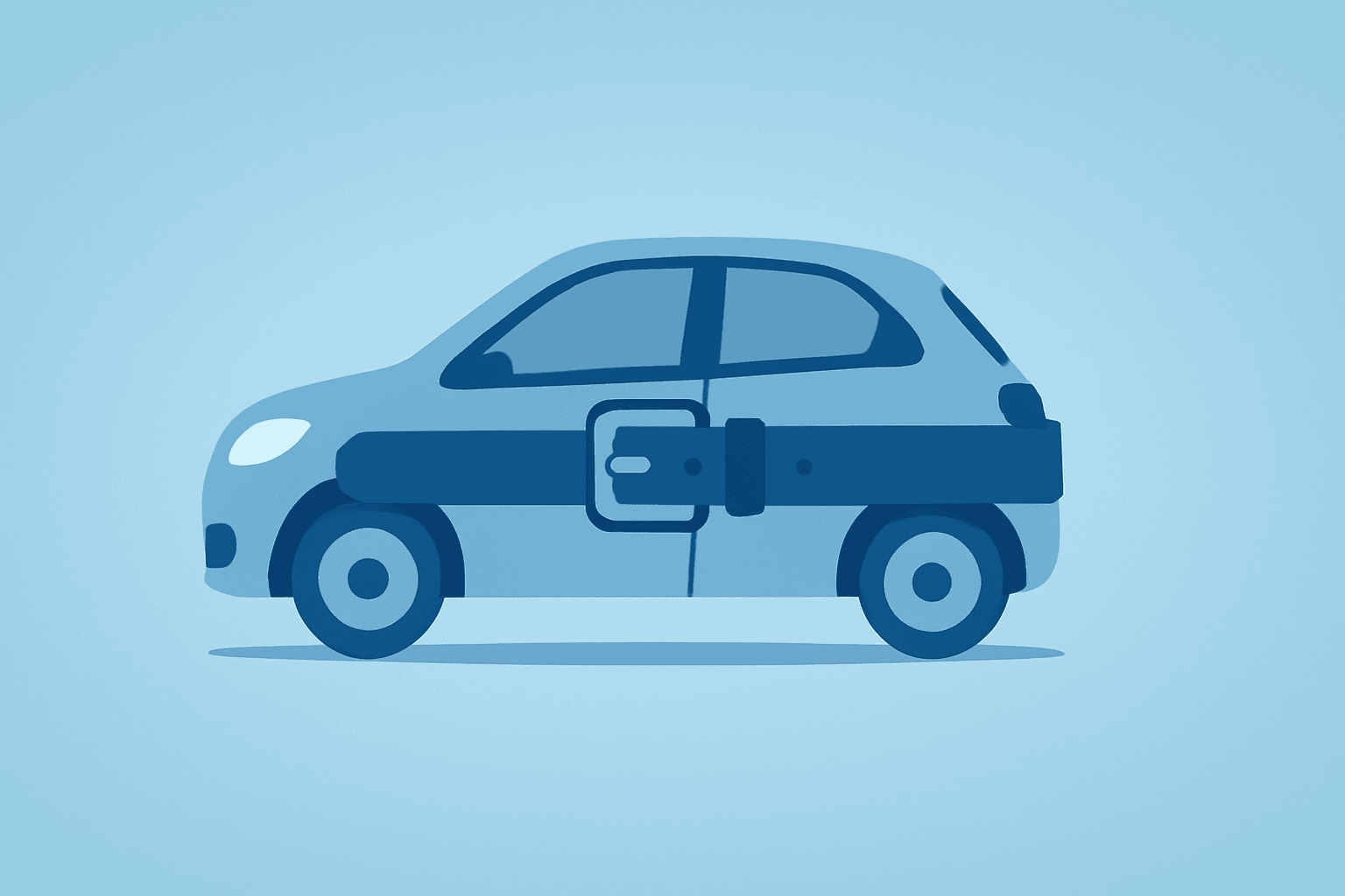 Flat-vector cover of a compact car bound by a tightening band, symbolizing the Toyota CEO change and cost-discipline shift.