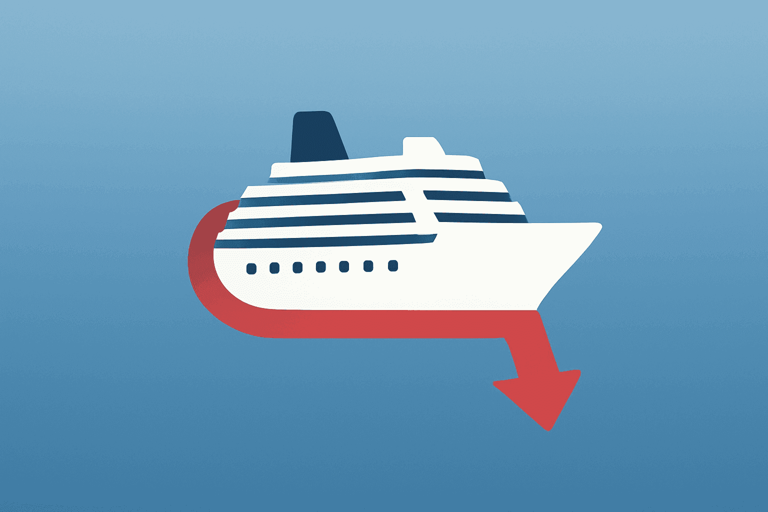 Flat vector of a cruise hull tightened by a fuel band to symbolize Norwegian Cruise Line Q1 results and lowered guidance.