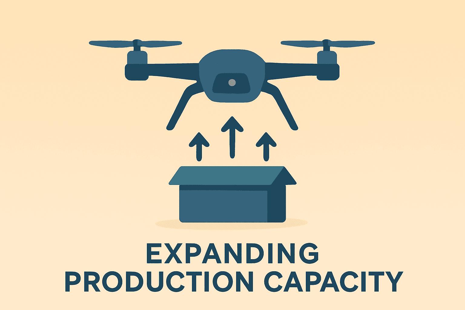 Flat vector of a production drone and factory to illustrate Anduril Raises $5 Billion for manufacturing and R&D scale.