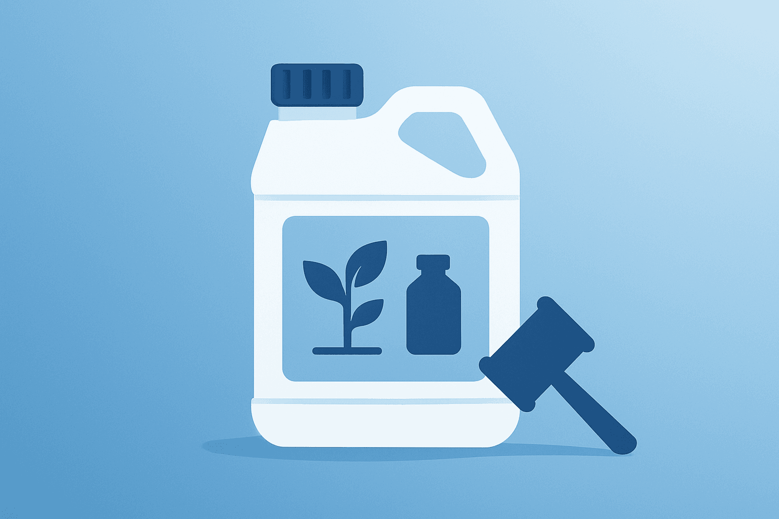 Flat vector of an agrochemical canister with a gavel shadow symbolizing Bayer Roundup settlement and legal risk.
