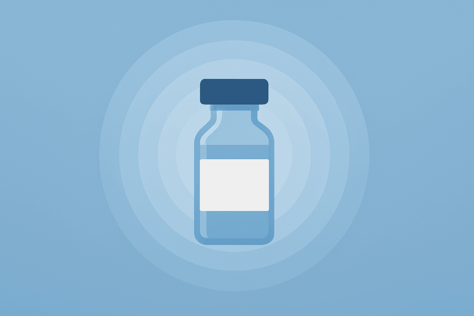 Flat vector of a vial with expanding rings and subtle shadow lift, symbolizing ImmunityBio EU Approval.