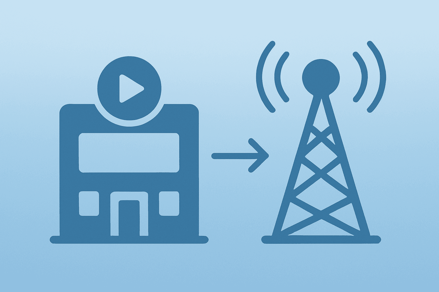 Flat filled vector of a media hub merging into an independent broadcast tower, symbolizing the Versant spin-off.