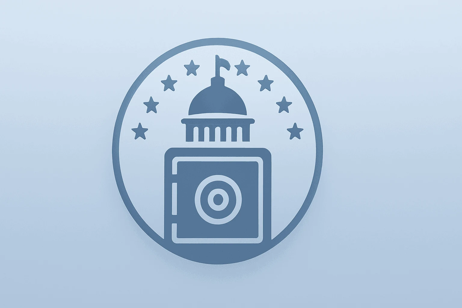 Flat filled vector of a governor's seal merged with a vault, symbolizing Kevin Warsh confirmation and monetary tightening.