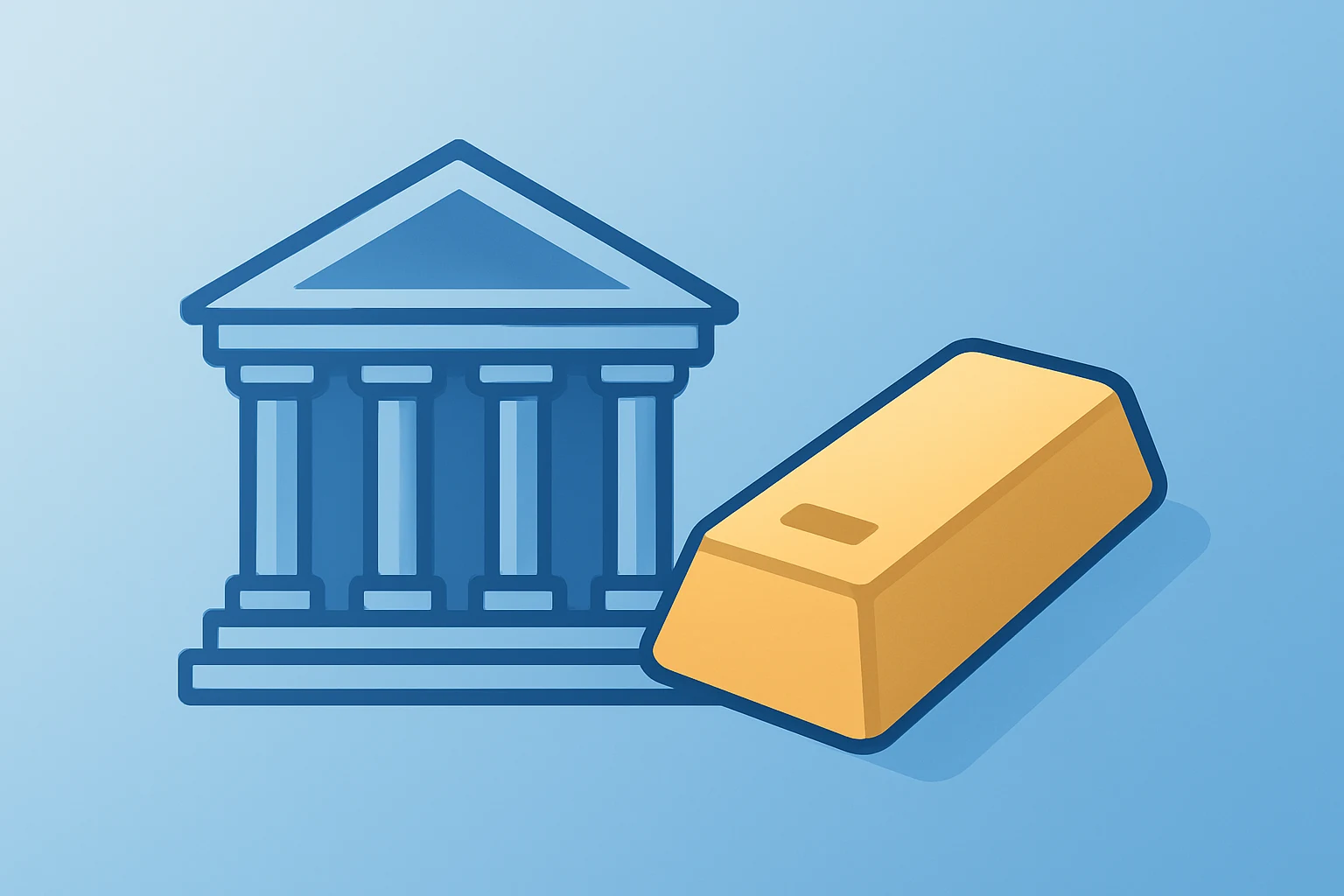 Neoclassical Fed building under legal scrutiny with a stylized gold bar hinting at the gold price record and safe-haven flows