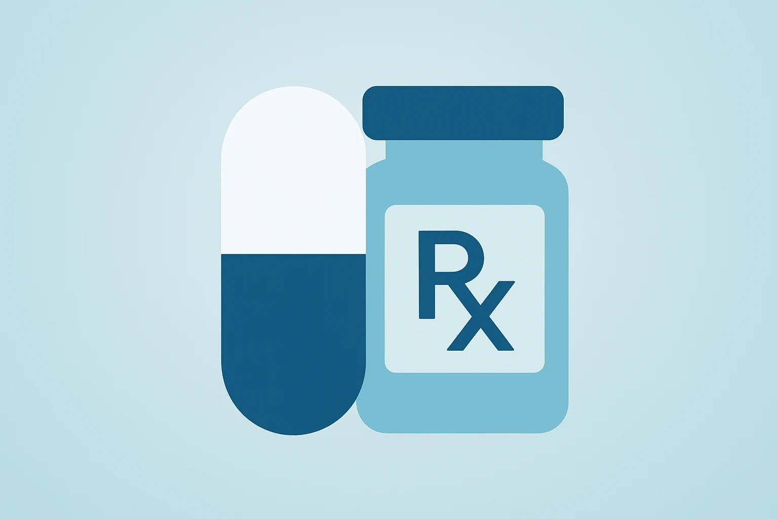 Flat vector telehealth capsule merging with prescription vial to represent Hims & Hers Novo Nordisk partnership, GLP pivot.