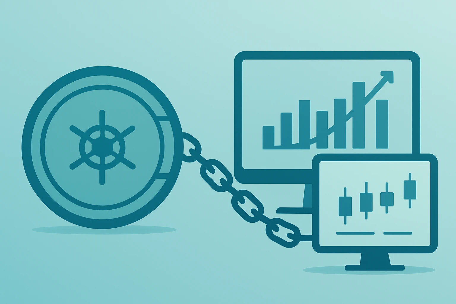 Flat vector of a bank vault linked to trading terminals symbolizing Bank of America earnings driven by trading revenue.