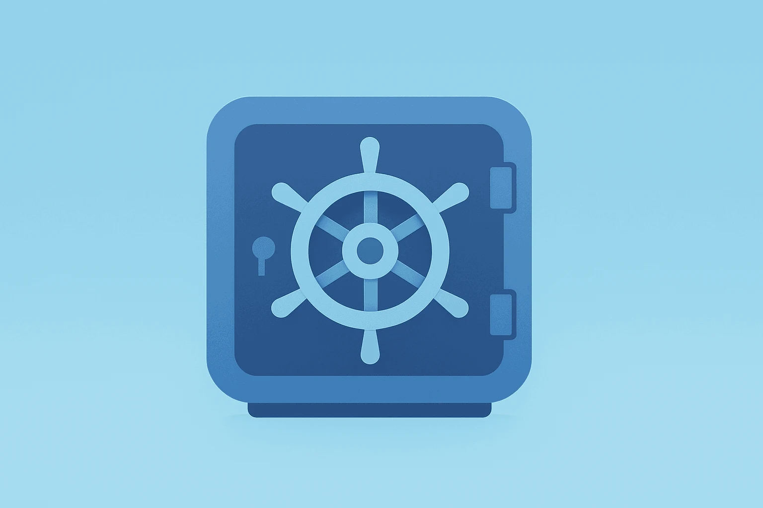 Flat vector of a bank vault fused with a ship's helm to symbolize Goldman Sachs CEO succession and governance transition.