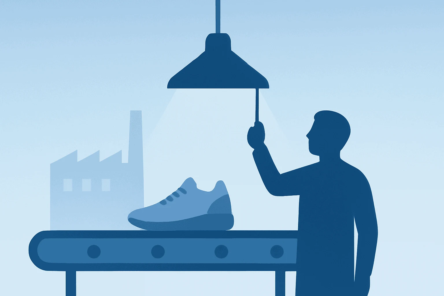 Flat-vector sneaker factory dimming assembly line to symbolize Nike layoffs and technology-team reductions under Win Now.