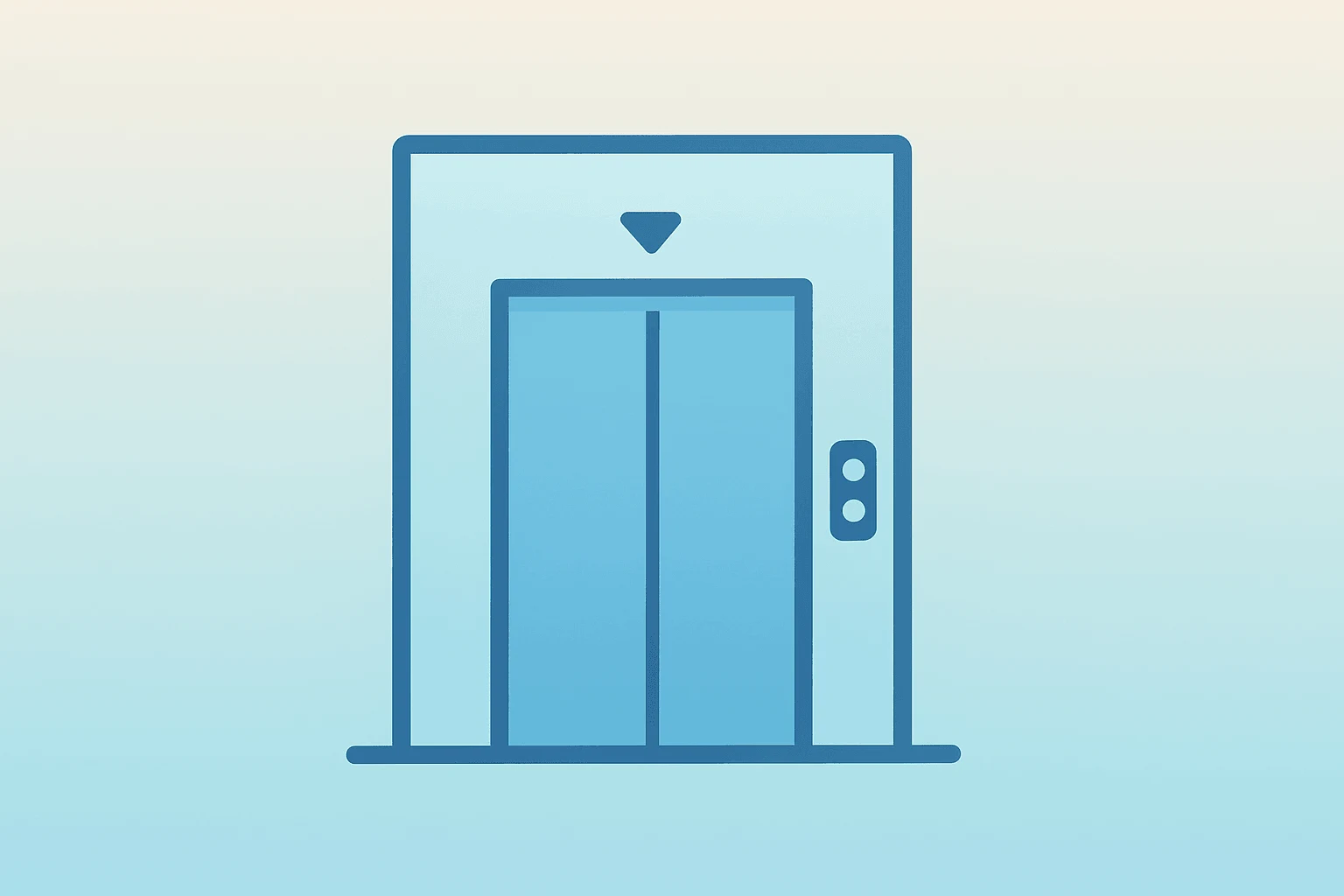 Flat-vector elevator cab merging into a larger shaft to symbolize KONE to Acquire TK Elevator and post-deal governance shift.