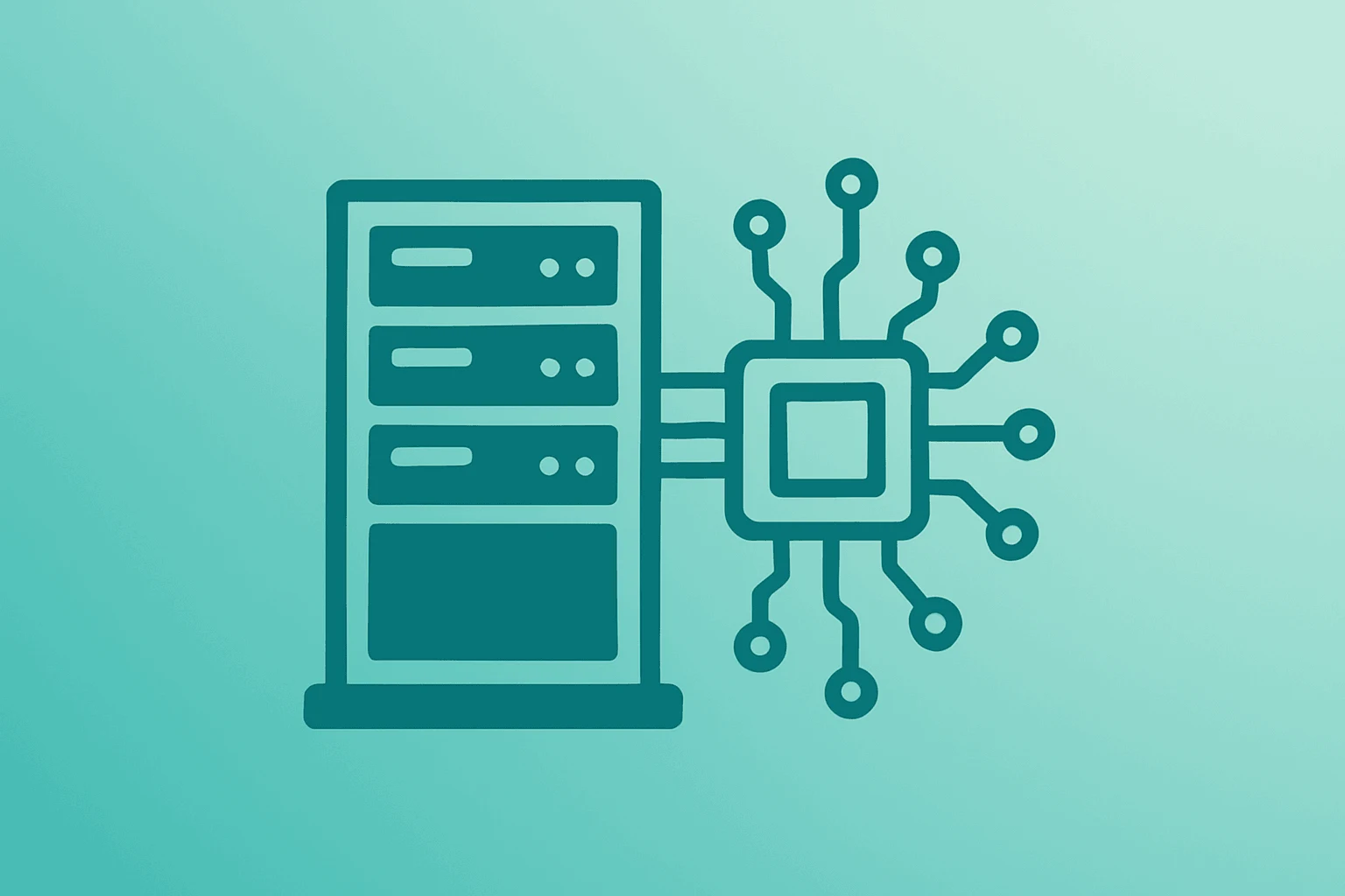 Flat vector of a server rack merging with a chip to symbolize Alibaba share placement funding AI infrastructure expansion.
