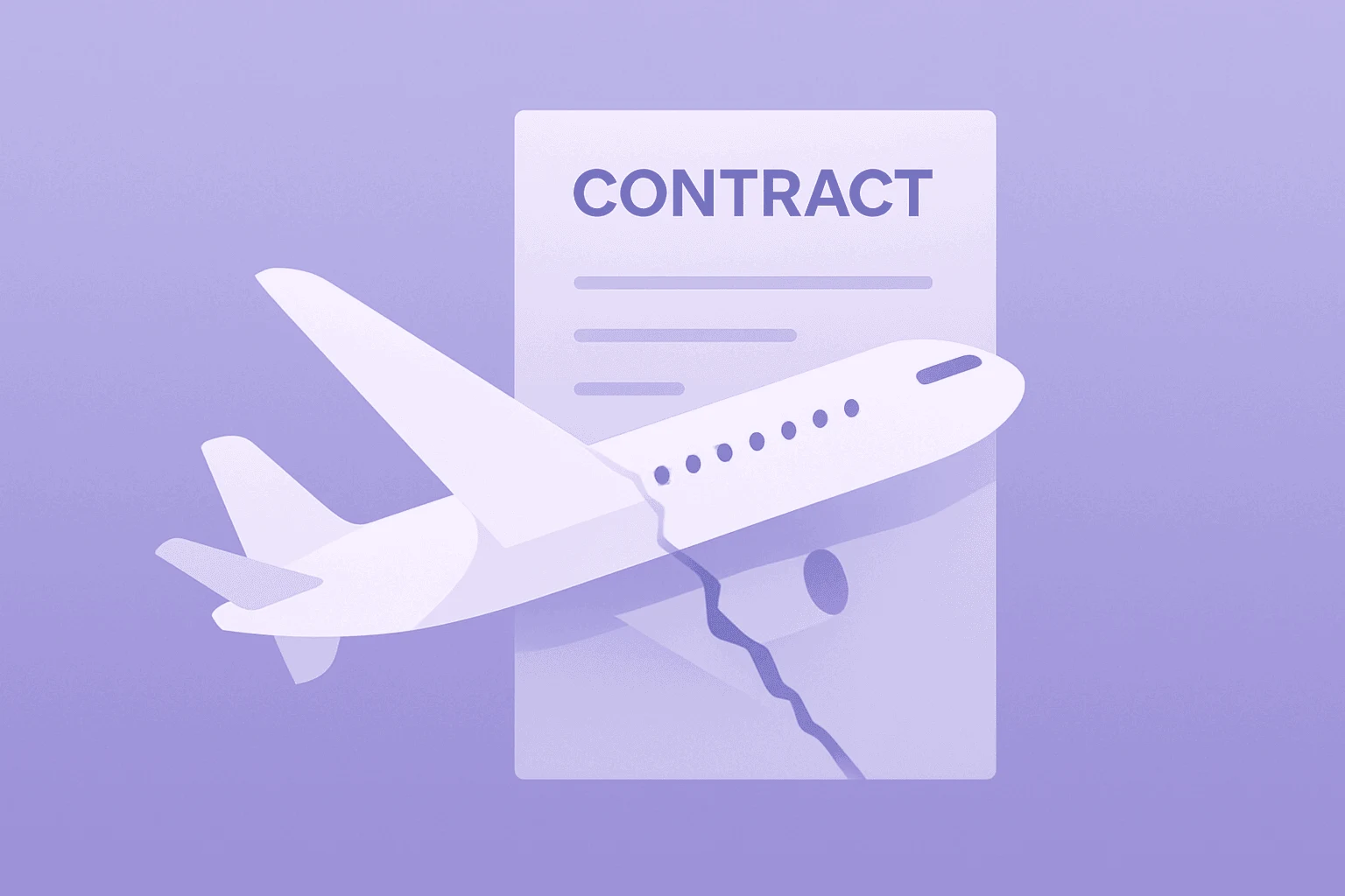 Flat vector airliner with a torn contract panel on a smooth gradient representing Boeing China order uncertainty.