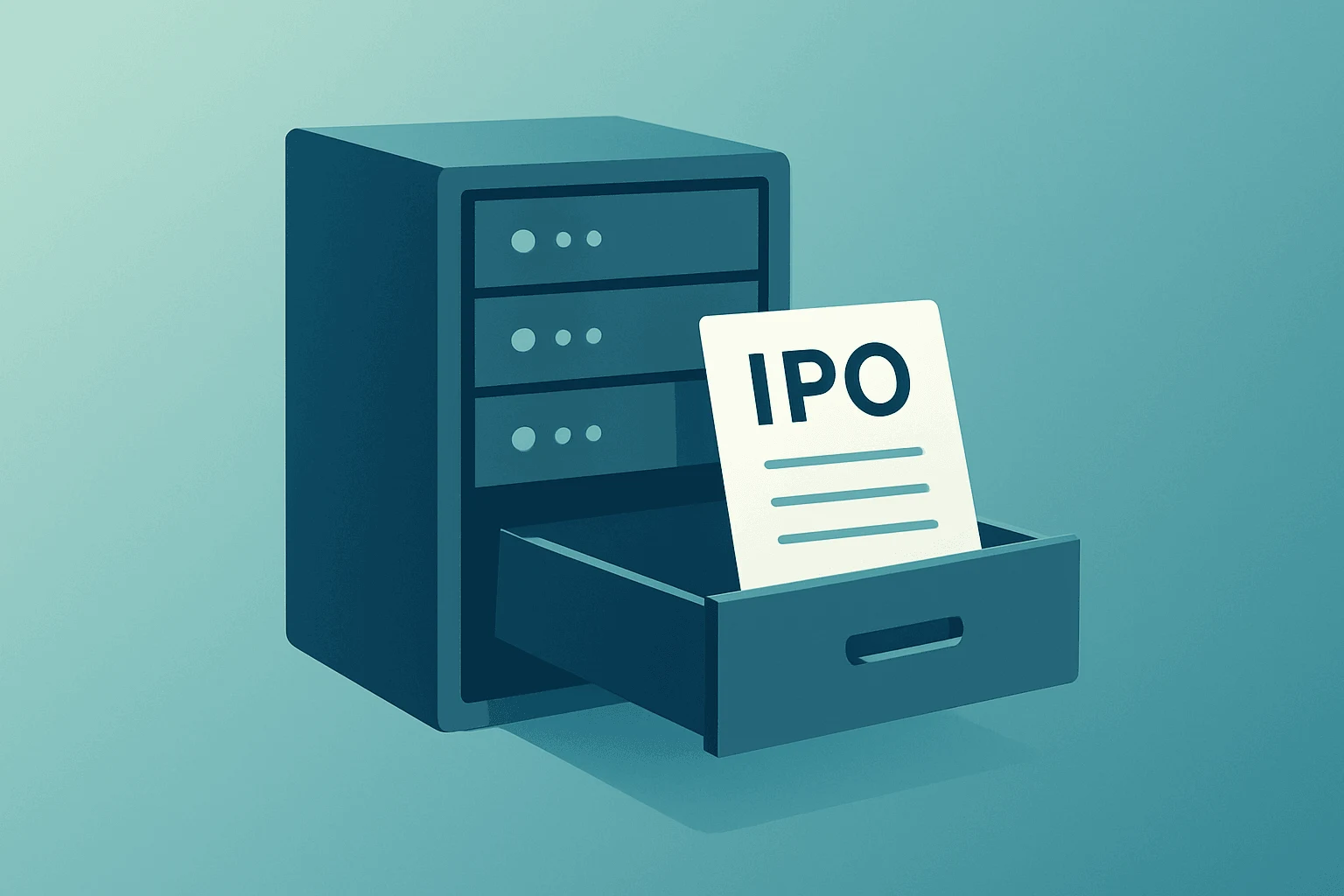 Flat-vector server rack with a sealed drawer opening to symbolize a confidential OpenAI IPO filing and bank adviser roles.
