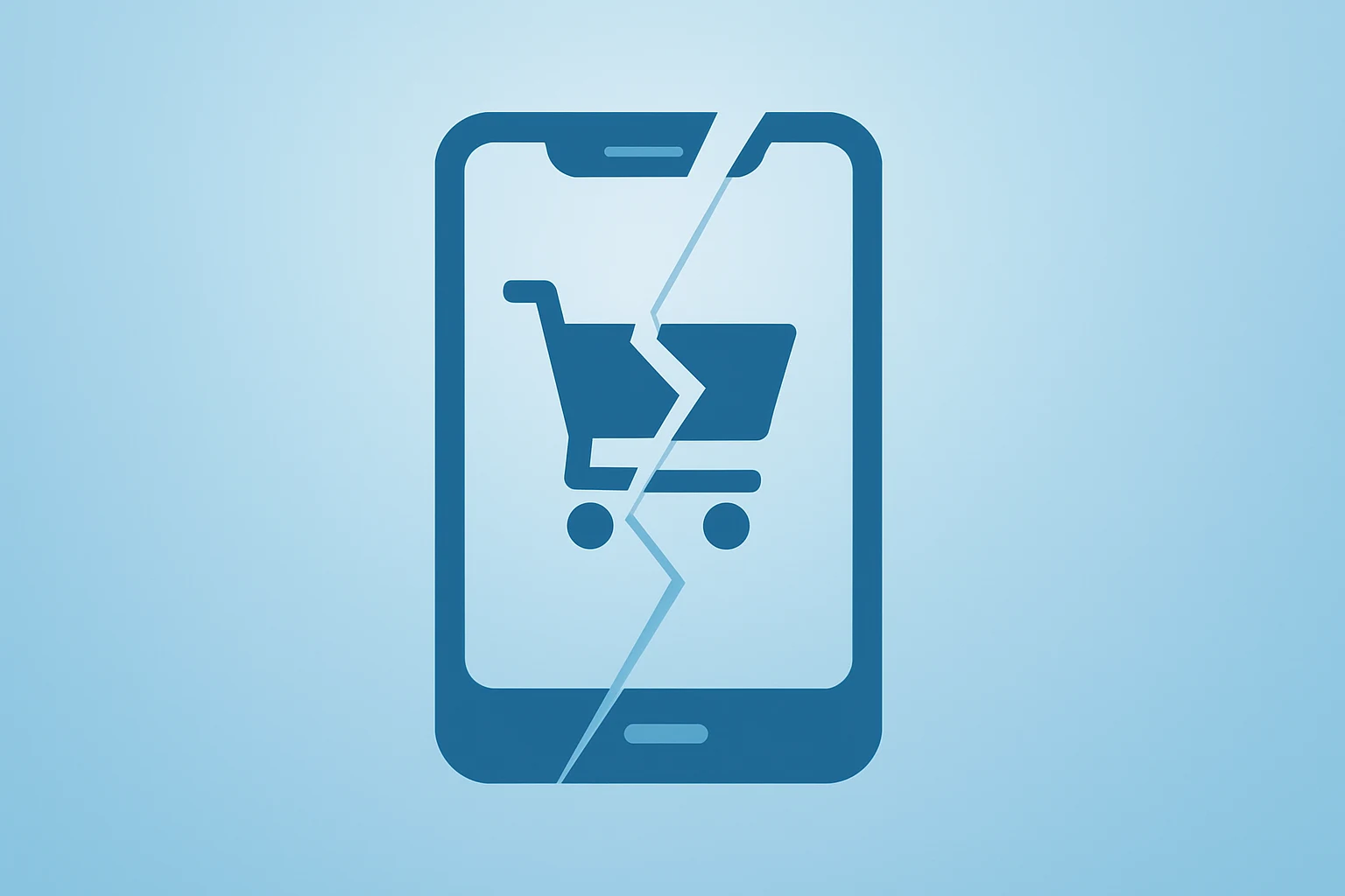 Flat filled vector of a broken smartphone shopping cart symbolizing Cyber Monday sales shortfall and shifted holiday spending