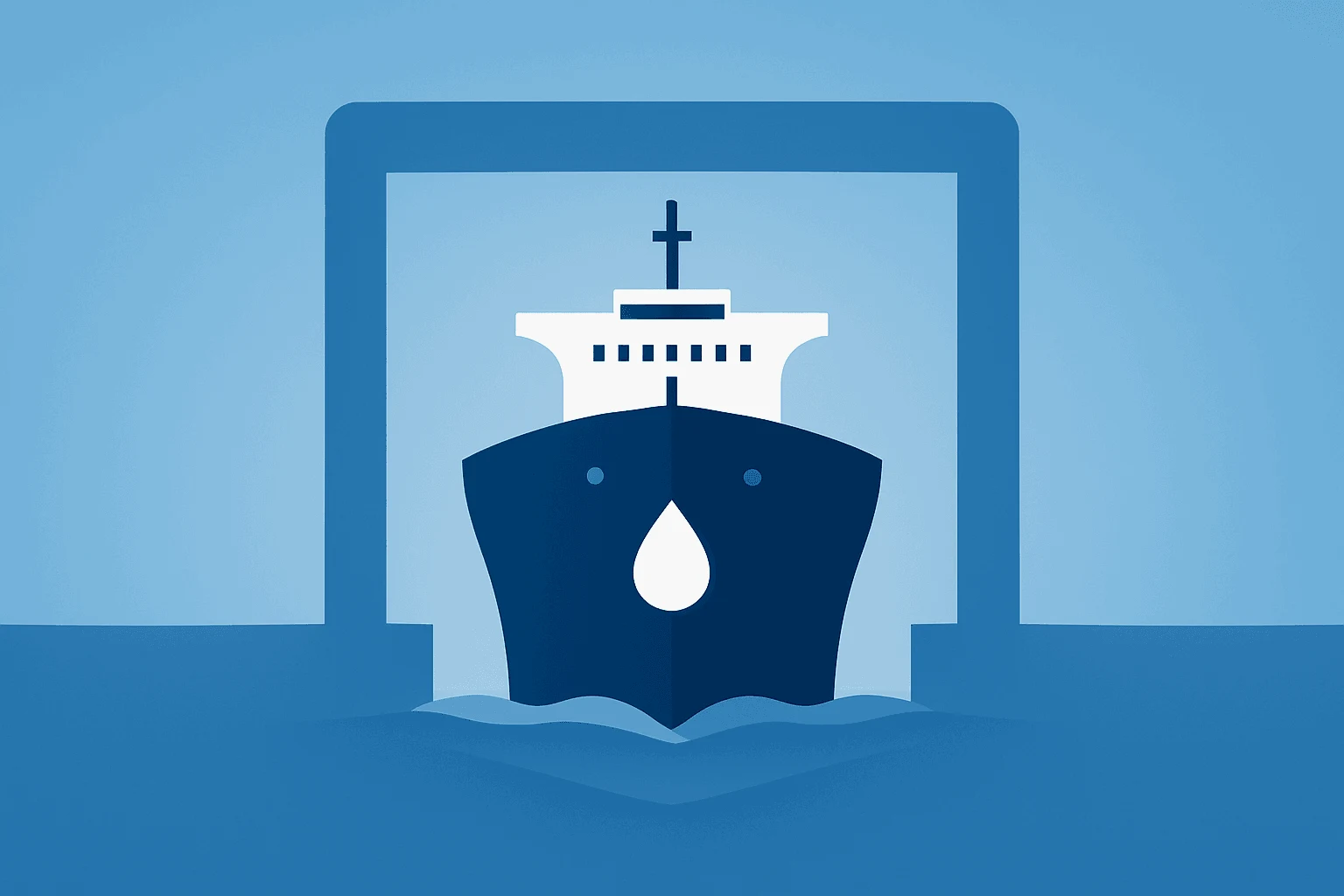 Flat vector of an oil tanker bow breaching a strait gate to symbolize Hormuz Blockade Oil Surge pressuring Gulf flows.