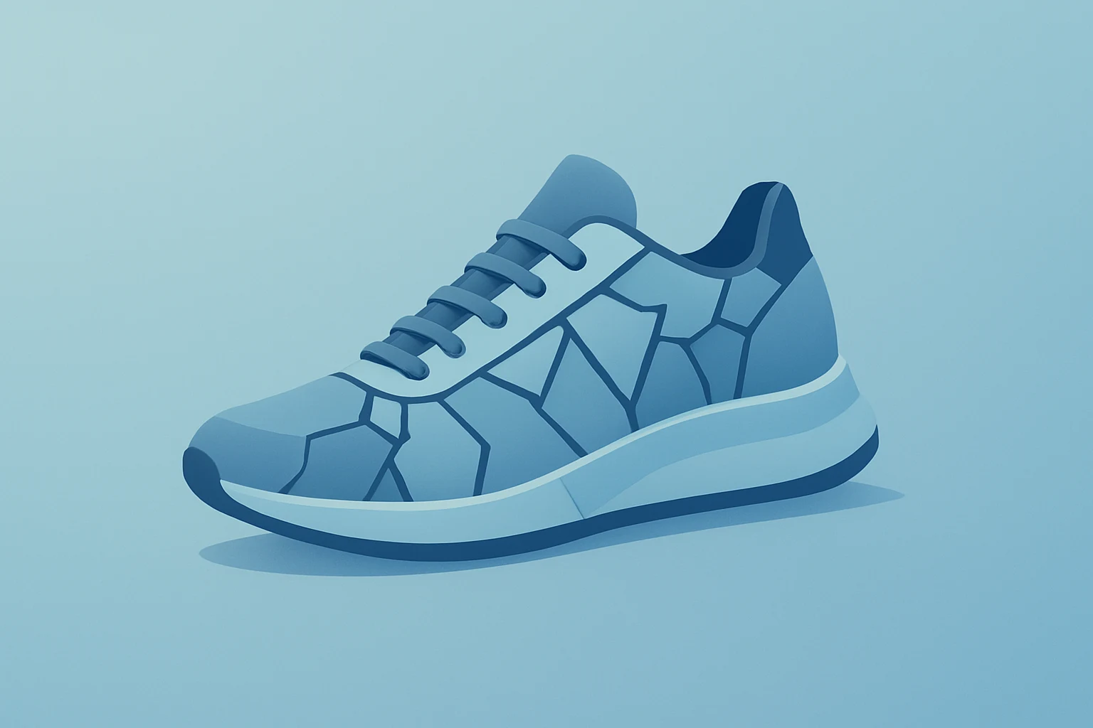 Flat-vector sneaker with fractured shell on a smooth gradient to symbolize Nike earnings turnaround and inventory squeeze.