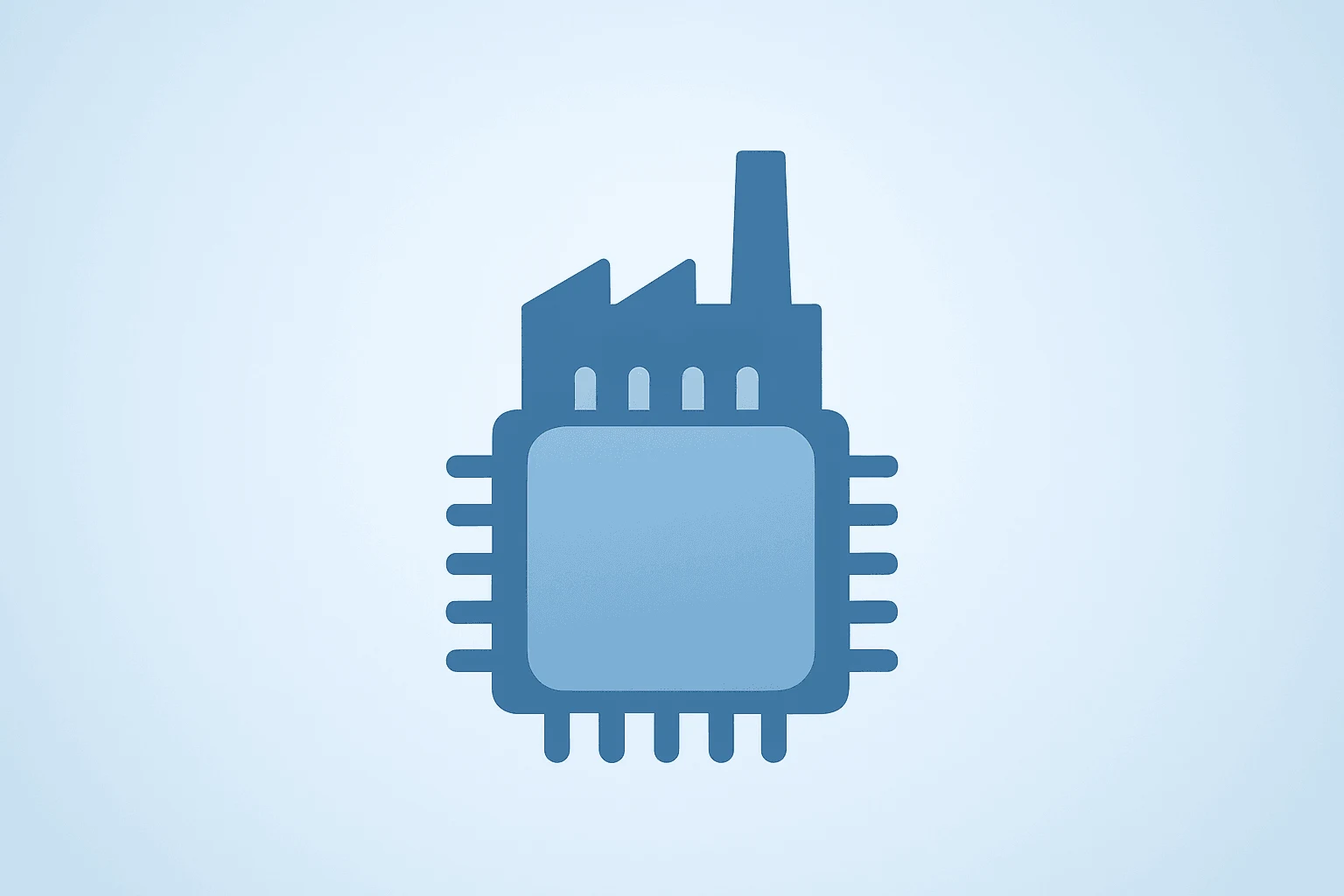 Flat filled vector of a chip die widening into a factory silhouette illustrating Intel joins Terafab foundry tie-up