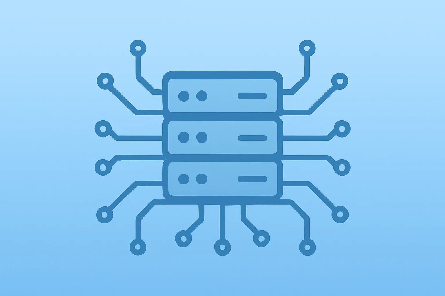 Flat vector of a server cluster with expanding circuits to symbolize UiPath Q3 Earnings momentum from agentic automation.